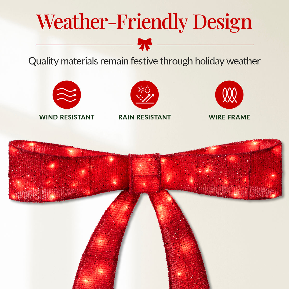 Large Pre-Lit Christmas Bow Slim Lighted Decor, XL Outdoor Red Bow w/ LEDs