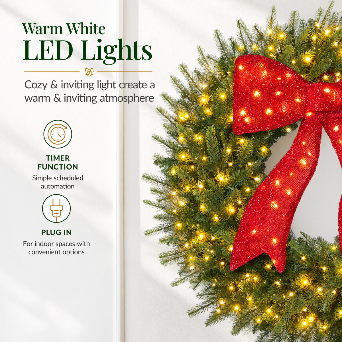 Large Aspen Christmas Wreath Pre-lit Bow XL Realistic Outdoor