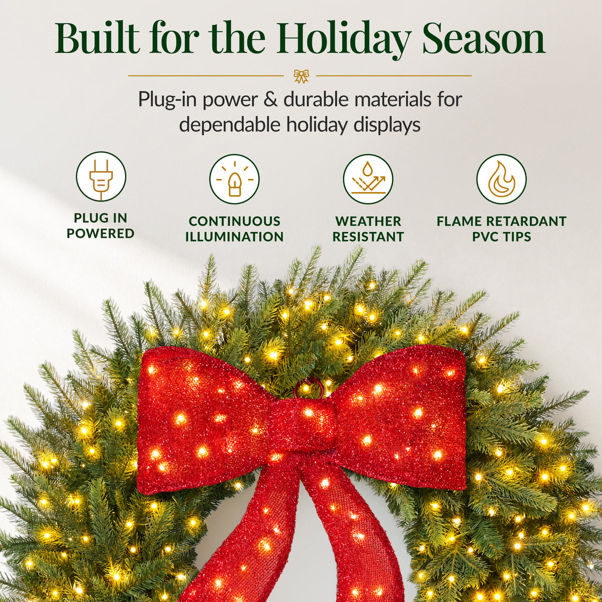 Large Aspen Christmas Wreath Pre-lit Bow XL Realistic Outdoor