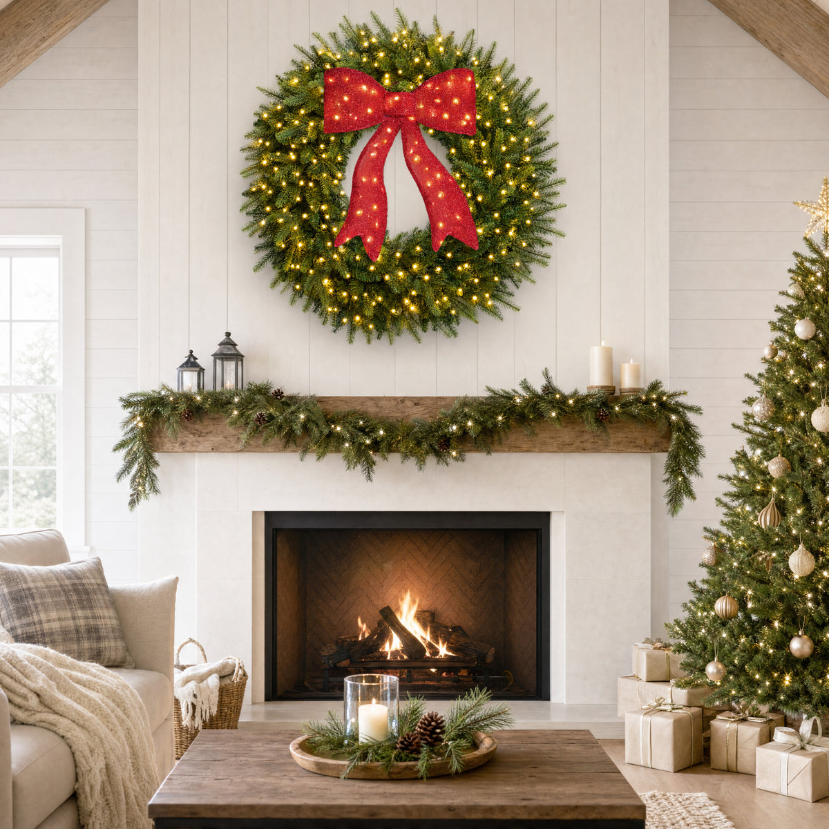 Large Aspen Christmas Wreath Pre-lit Bow XL Realistic Outdoor