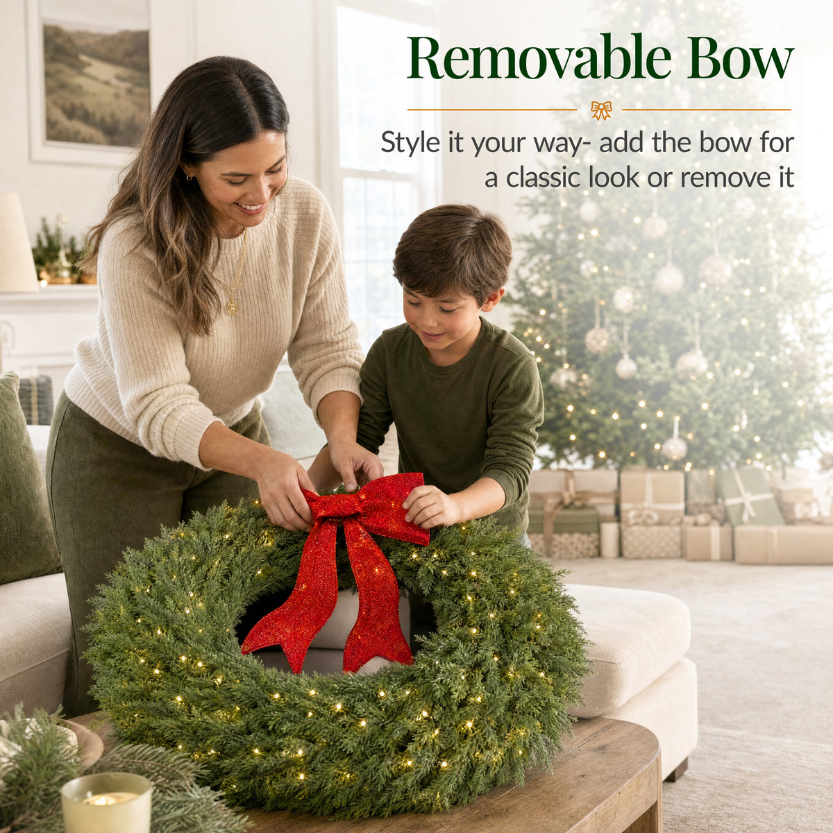 Large Aspen Christmas Wreath Pre-lit Bow XL Realistic Outdoor
