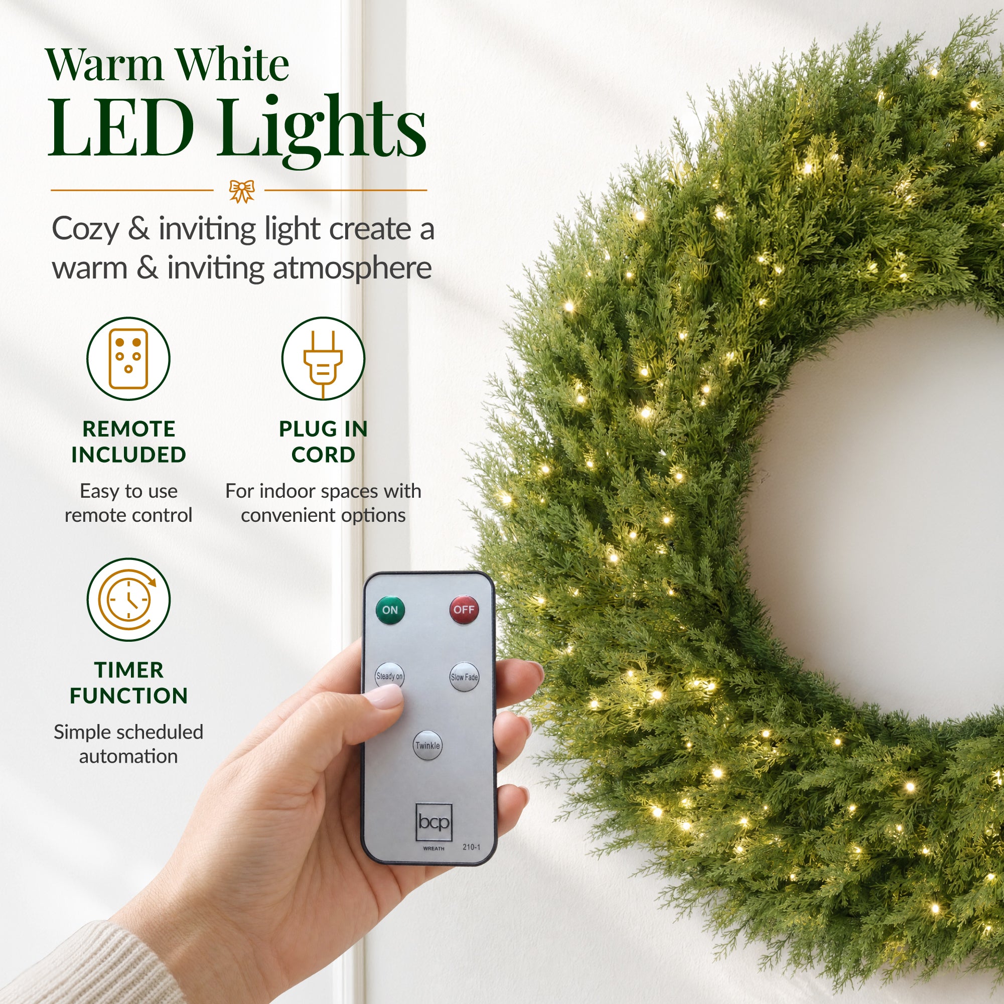 Pre-Lit Cedar Cypress Christmas Wreath w/ Remote Control Twinkling LEDs