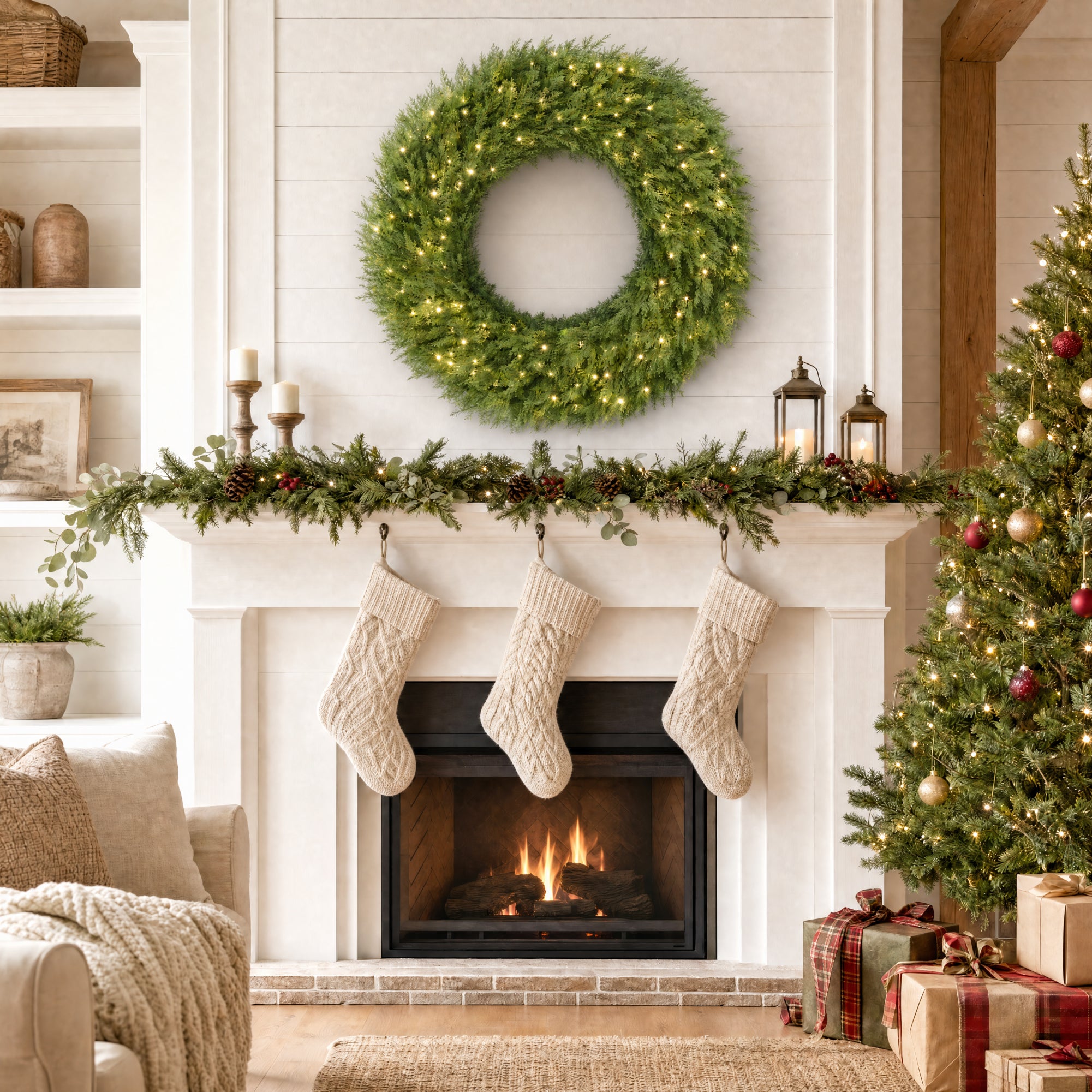 Pre-Lit Cedar Cypress Christmas Wreath w/ Remote Control Twinkling LEDs