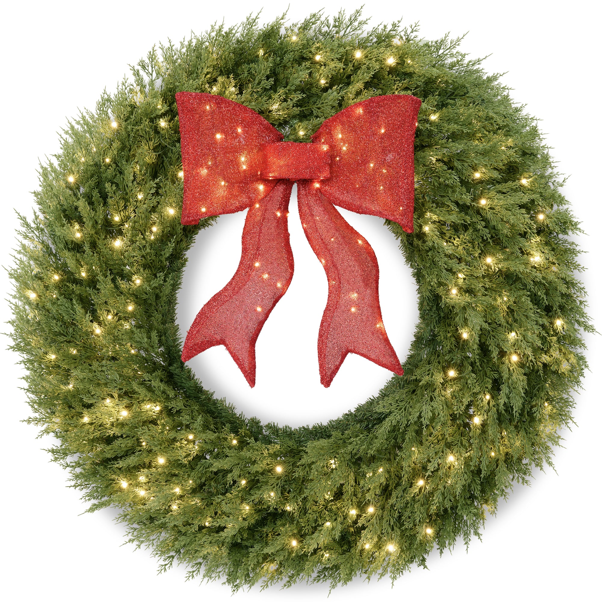 Artificial Christmas Wreath Large Pre-Lit Cedar Cypress w/ Lighted Bow Decor