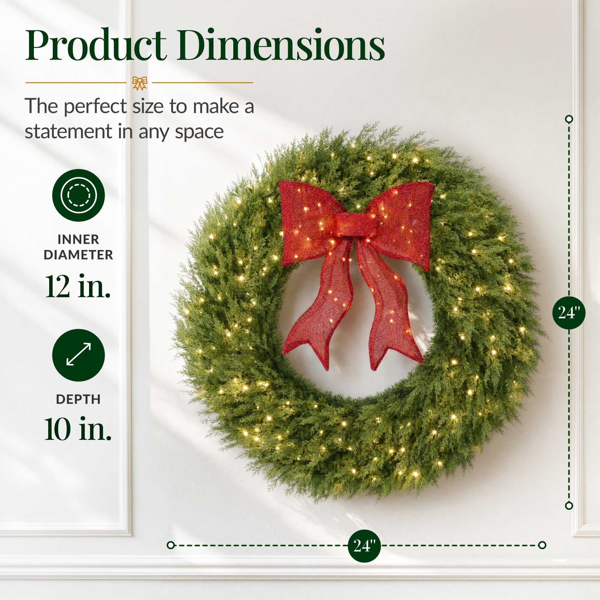 Artificial Christmas Wreath Large Pre-Lit Cedar Cypress w/ Lighted Bow Decor