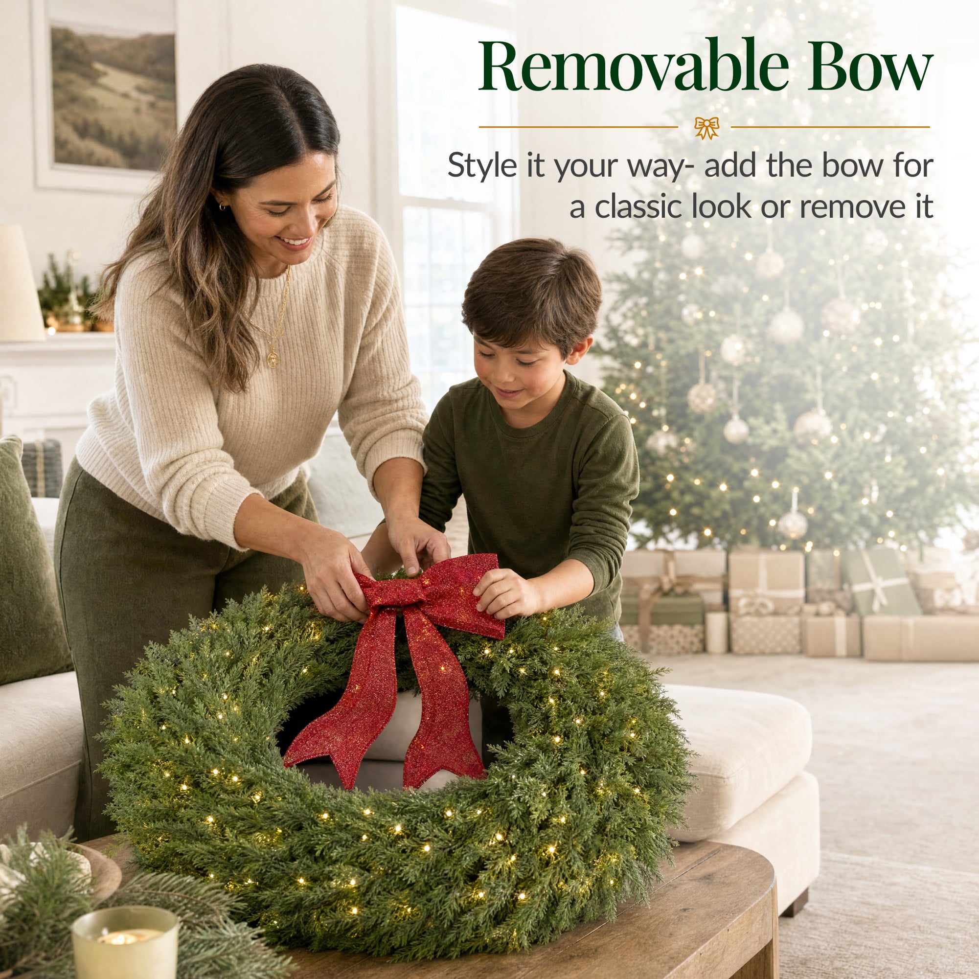 Artificial Christmas Wreath Large Pre-Lit Cedar Cypress w/ Lighted Bow Decor