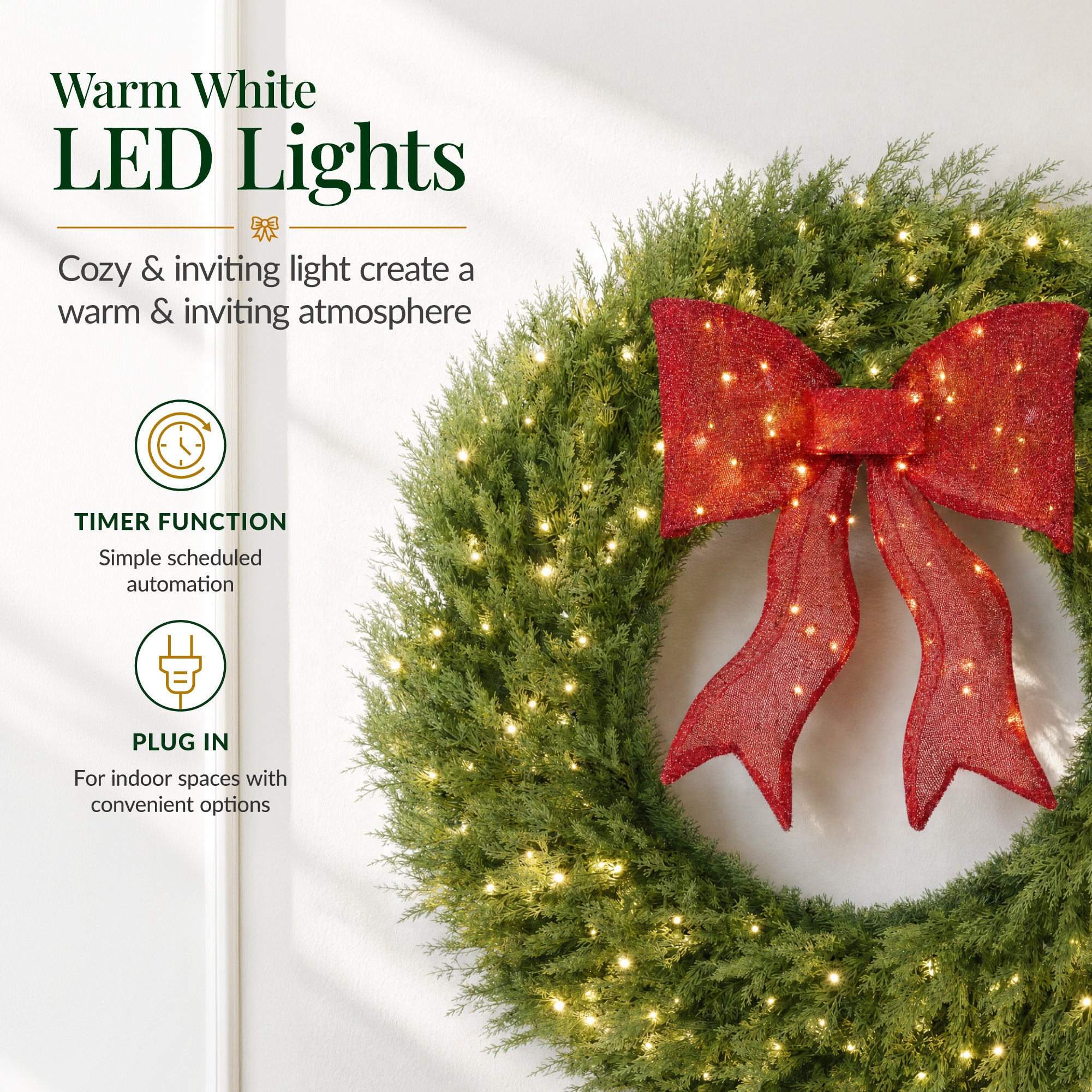 Artificial Christmas Wreath Large Pre-Lit Cedar Cypress w/ Lighted Bow Decor