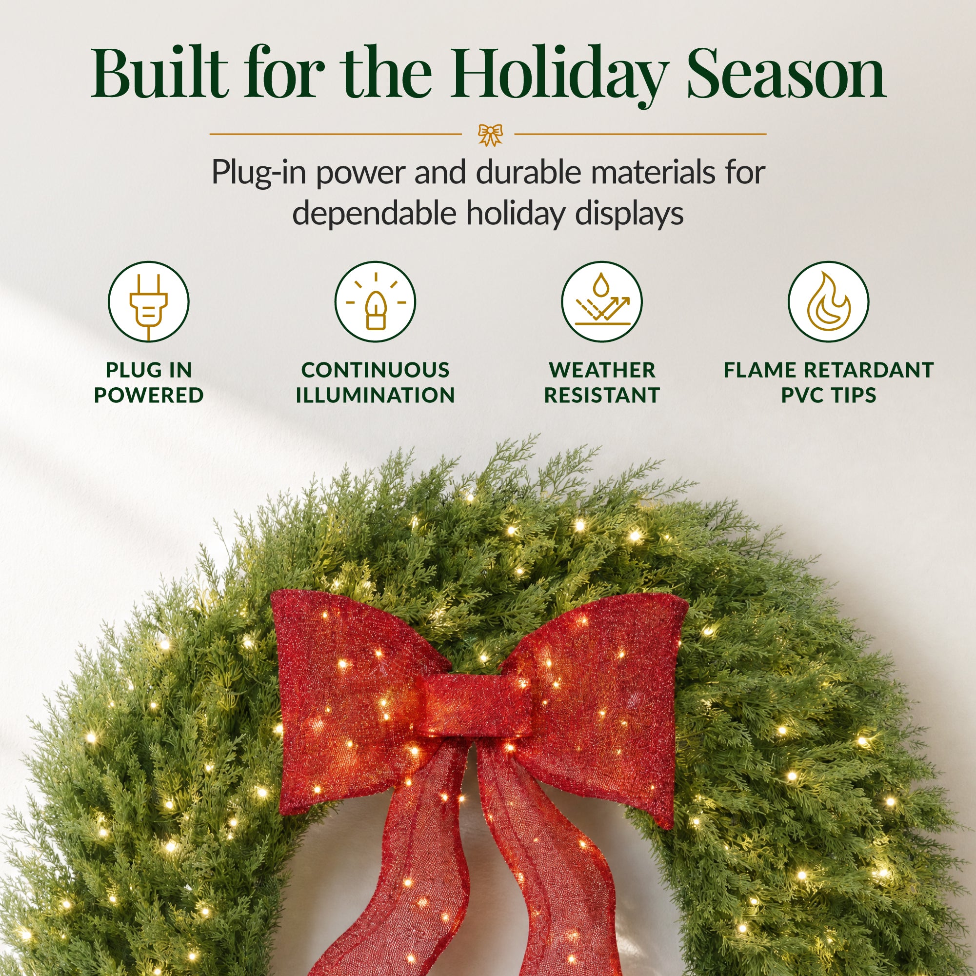Artificial Christmas Wreath Large Pre-Lit Cedar Cypress w/ Lighted Bow Decor