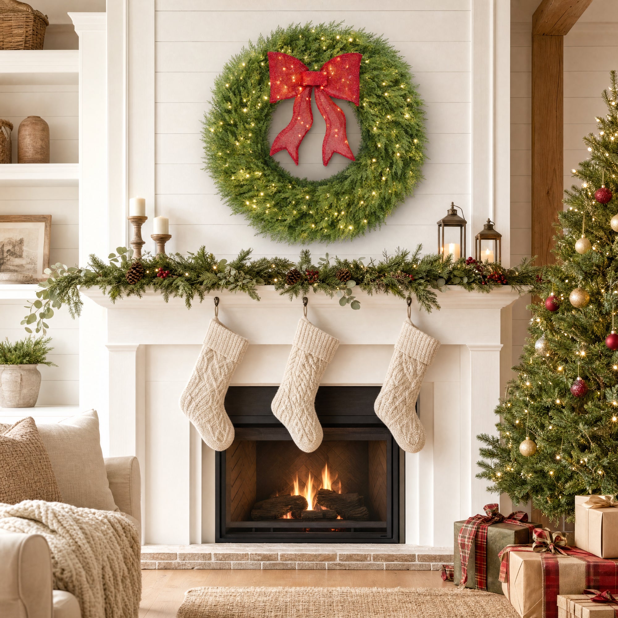Artificial Christmas Wreath Large Pre-Lit Cedar Cypress w/ Lighted Bow Decor