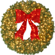 Large Artificial Pre-Lit Fir Christmas Wreath Decoration w/Red Lighted Bow