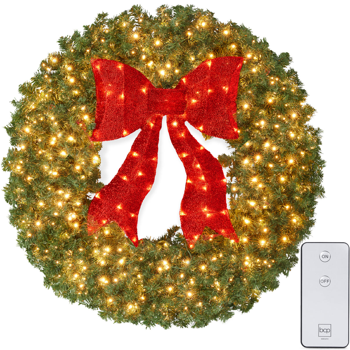 Large Artificial Pre-Lit Fir Christmas Wreath Decoration w/Red Lighted Bow