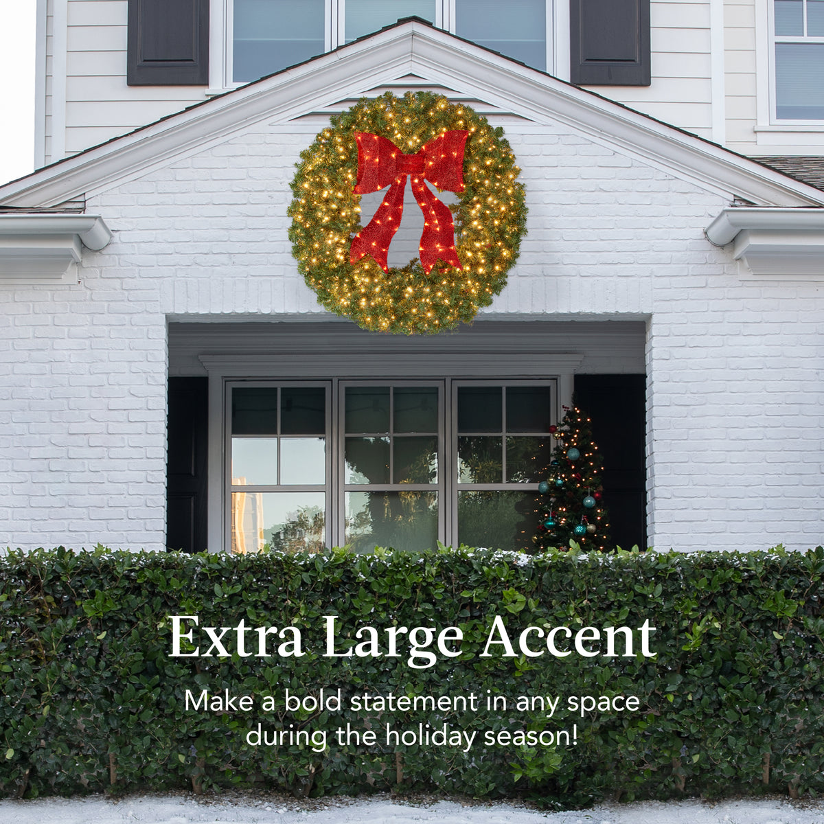 Large Artificial Pre-Lit Fir Christmas Wreath Decoration w/Red Lighted Bow