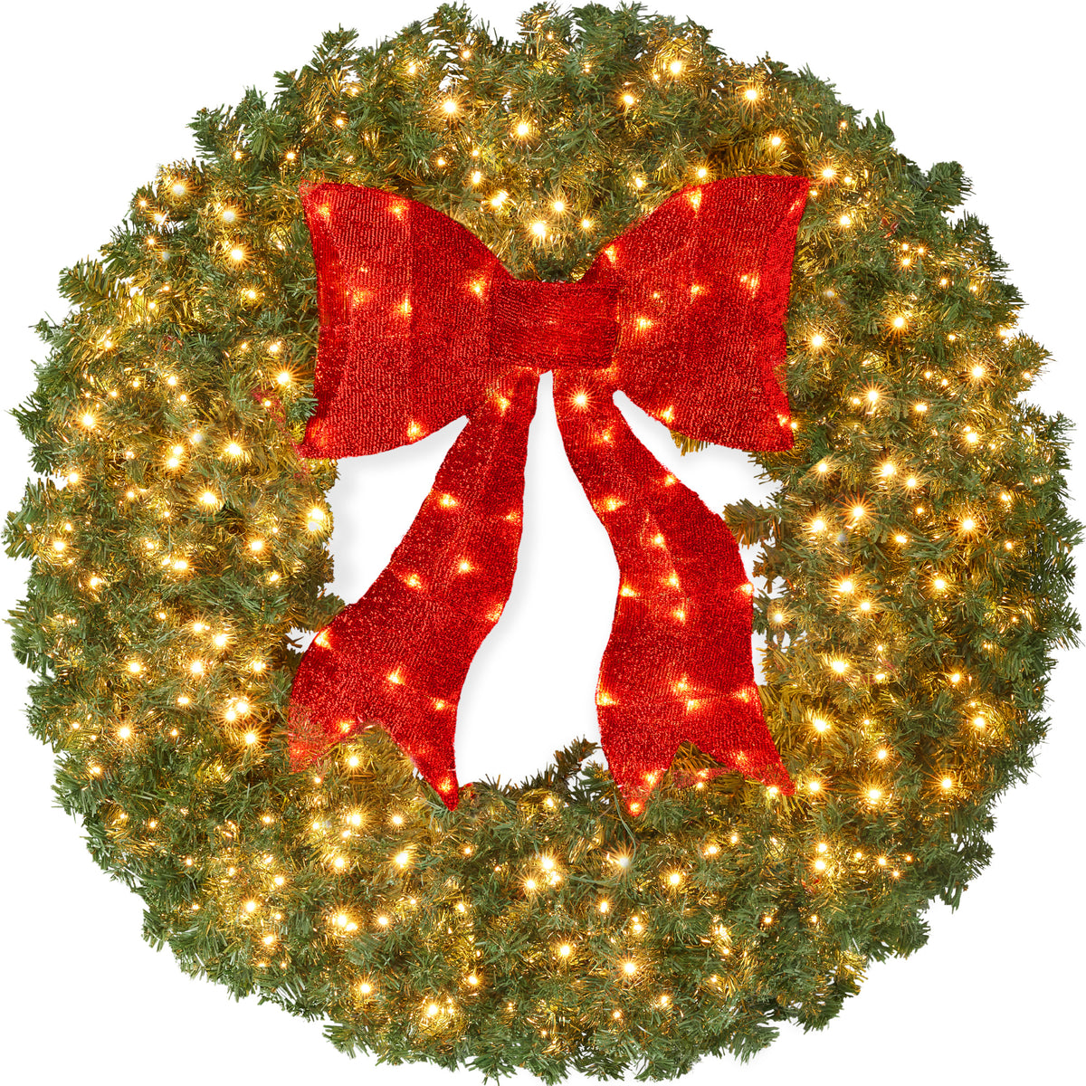 Large Artificial Pre-Lit Fir Christmas Wreath Decoration w/Red Lighted Bow