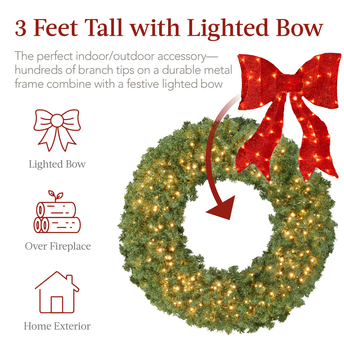 Large Artificial Pre-Lit Fir Christmas Wreath Decoration w/Red Lighted Bow