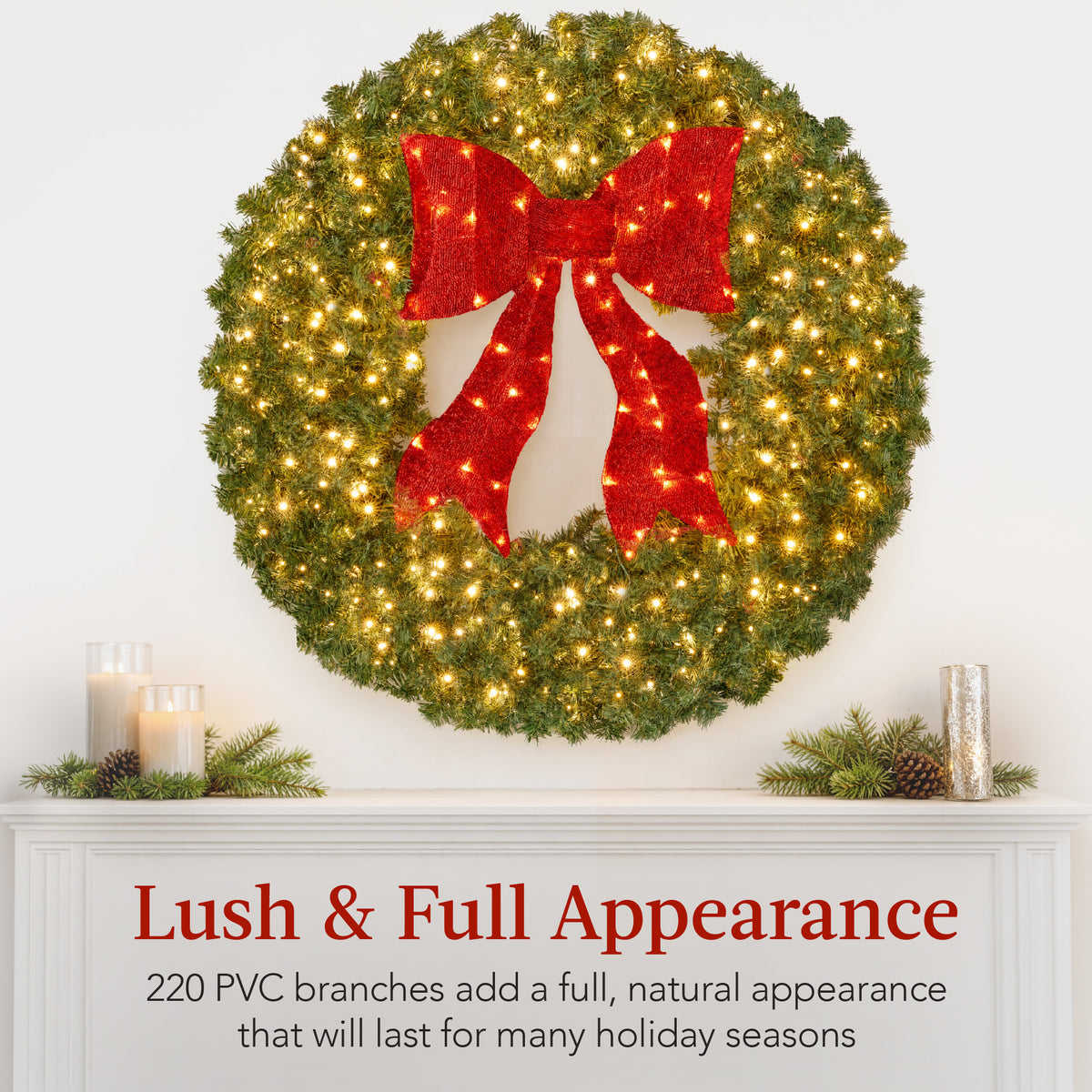 Large Artificial Pre-Lit Fir Christmas Wreath Decoration w/Red Lighted Bow
