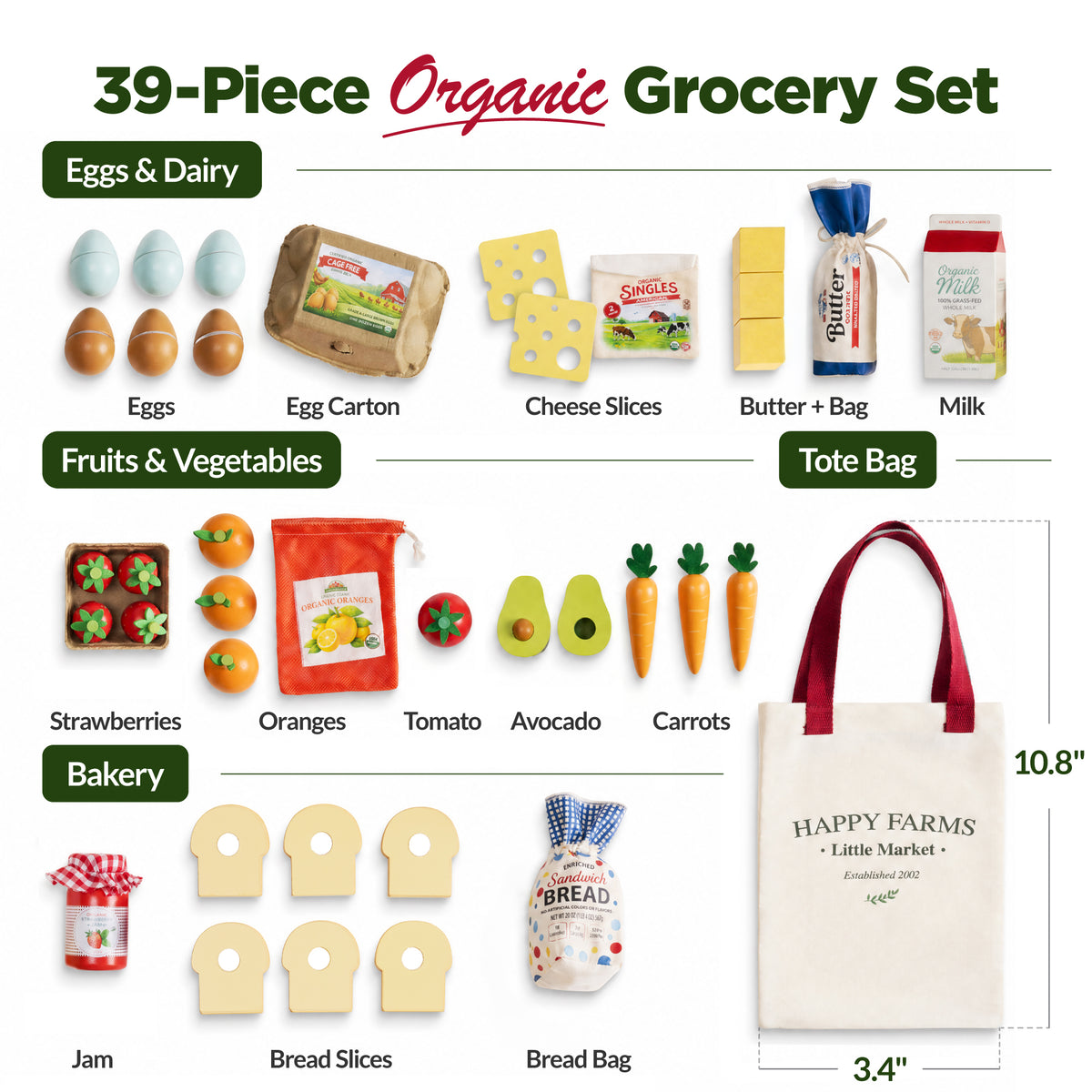 Play Food Set for Kids, 39-Piece Wooden Grocery Play Kitchen Accessories
