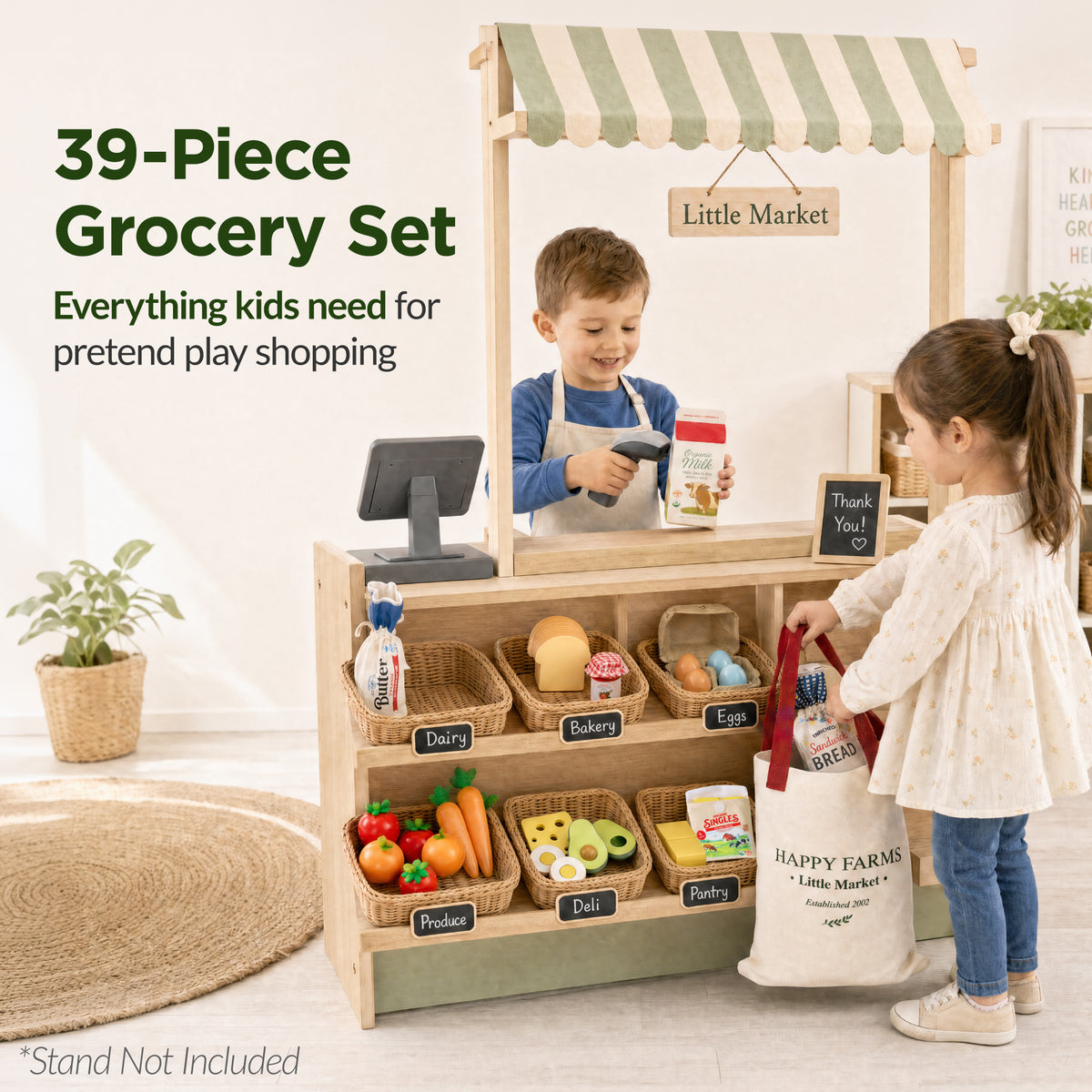 Play Food Set for Kids, 39-Piece Wooden Grocery Play Kitchen Accessories