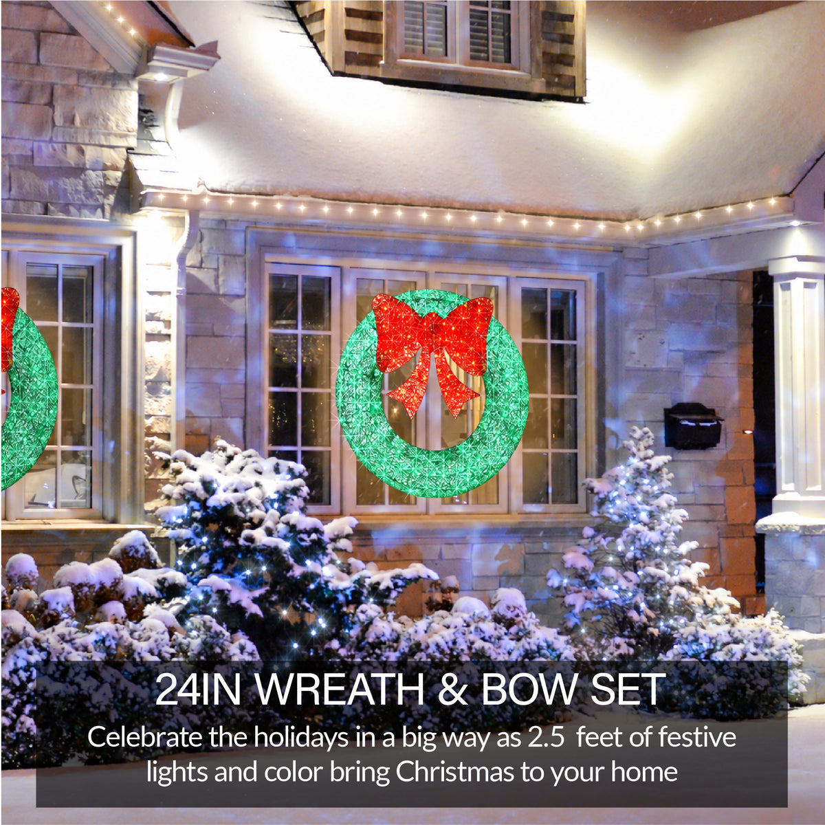 Pre-Lit Outdoor Christmas Wreath, LED Metal Holiday Decor w/ Bow - 24in