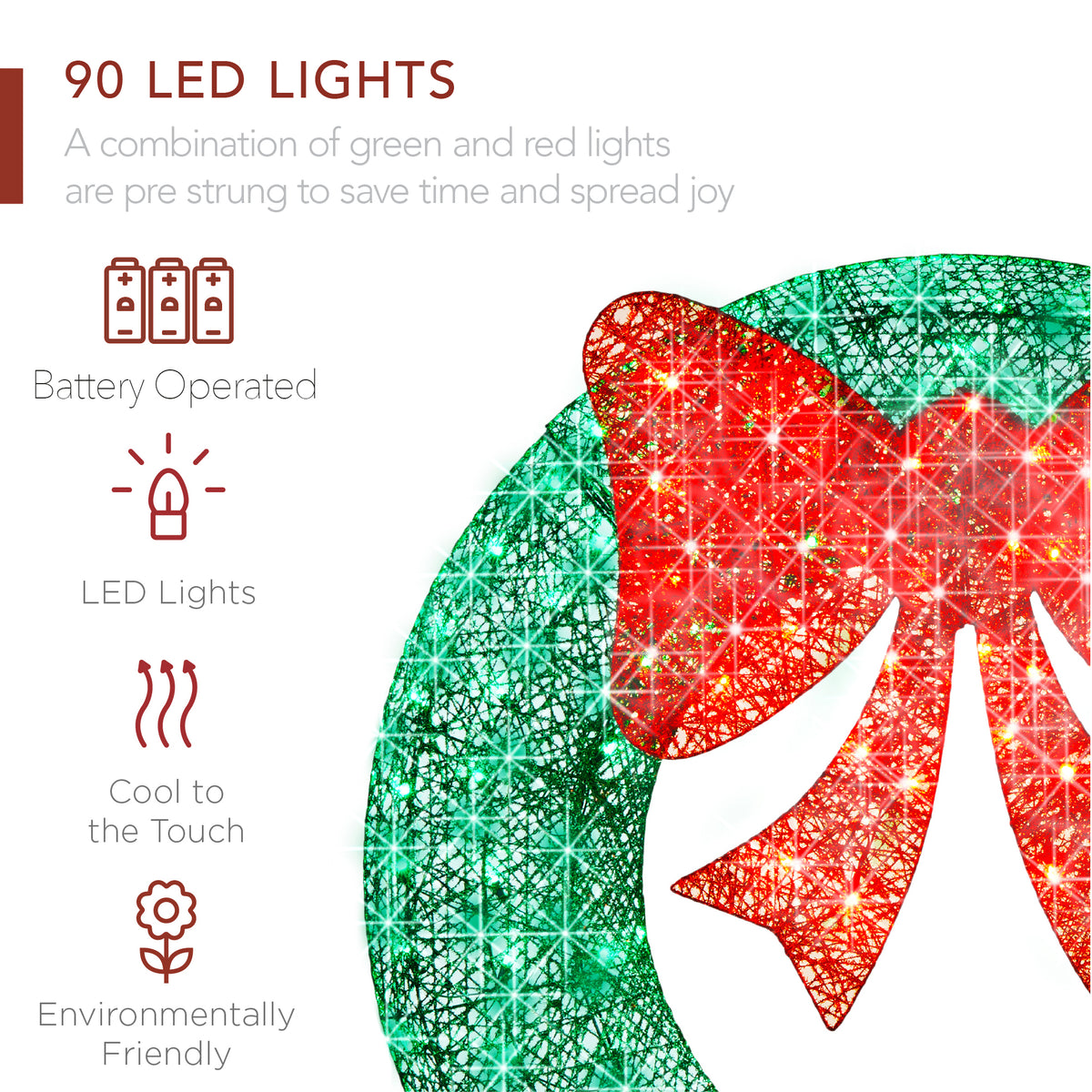 Pre-Lit Outdoor Christmas Wreath, LED Metal Holiday Decor w/ Bow - 24in