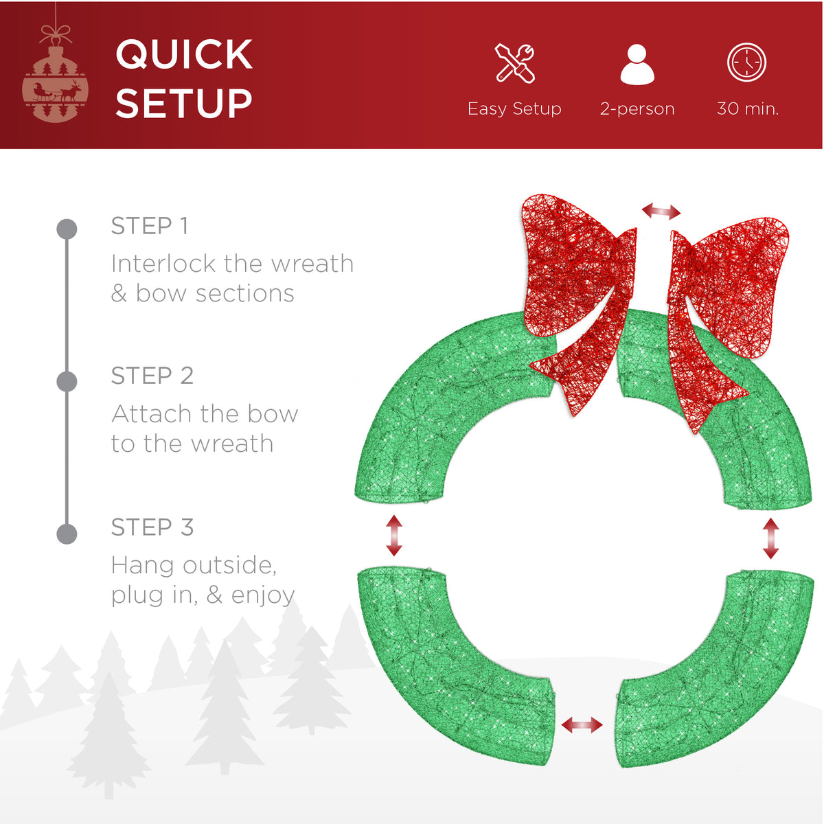 Pre-Lit Outdoor Christmas Wreath, LED Metal Holiday Decor w/ Bow - 24in
