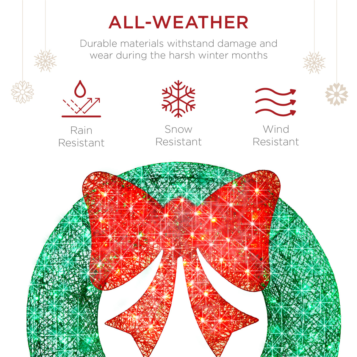 Pre-Lit Outdoor Christmas Wreath, LED Metal Holiday Decor w/ Bow - 24in