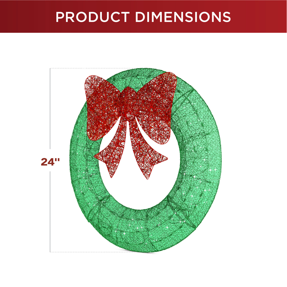 Pre-Lit Outdoor Christmas Wreath, LED Metal Holiday Decor w/ Bow - 24in