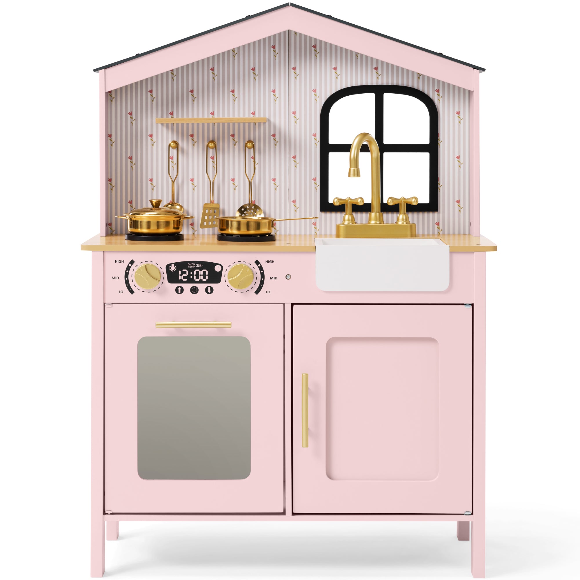 Farmhouse Wooden Play Kitchen for Kids with Storage & 6 Accessories, Ages 3+
