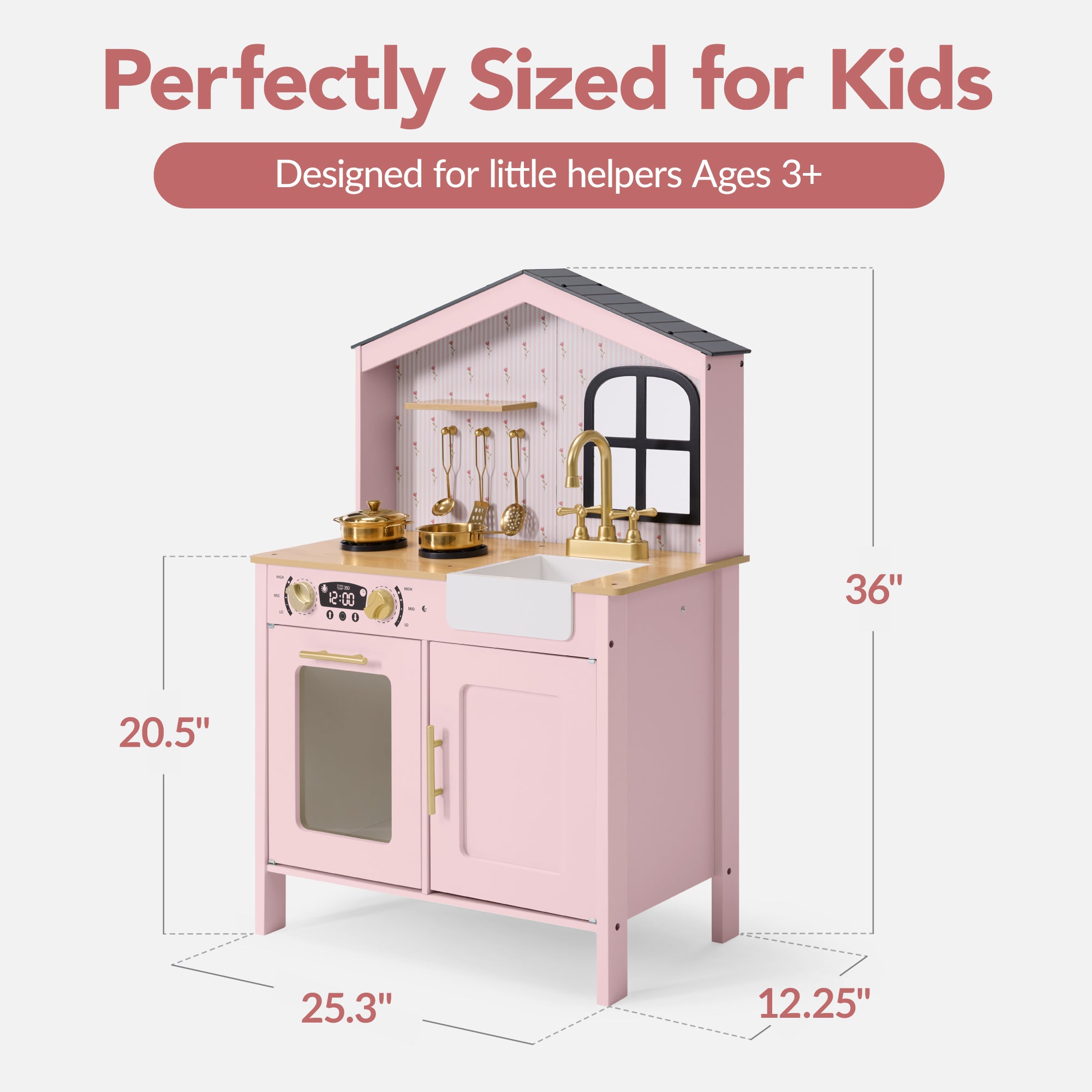 Farmhouse Wooden Play Kitchen for Kids with Storage & 6 Accessories, Ages 3+