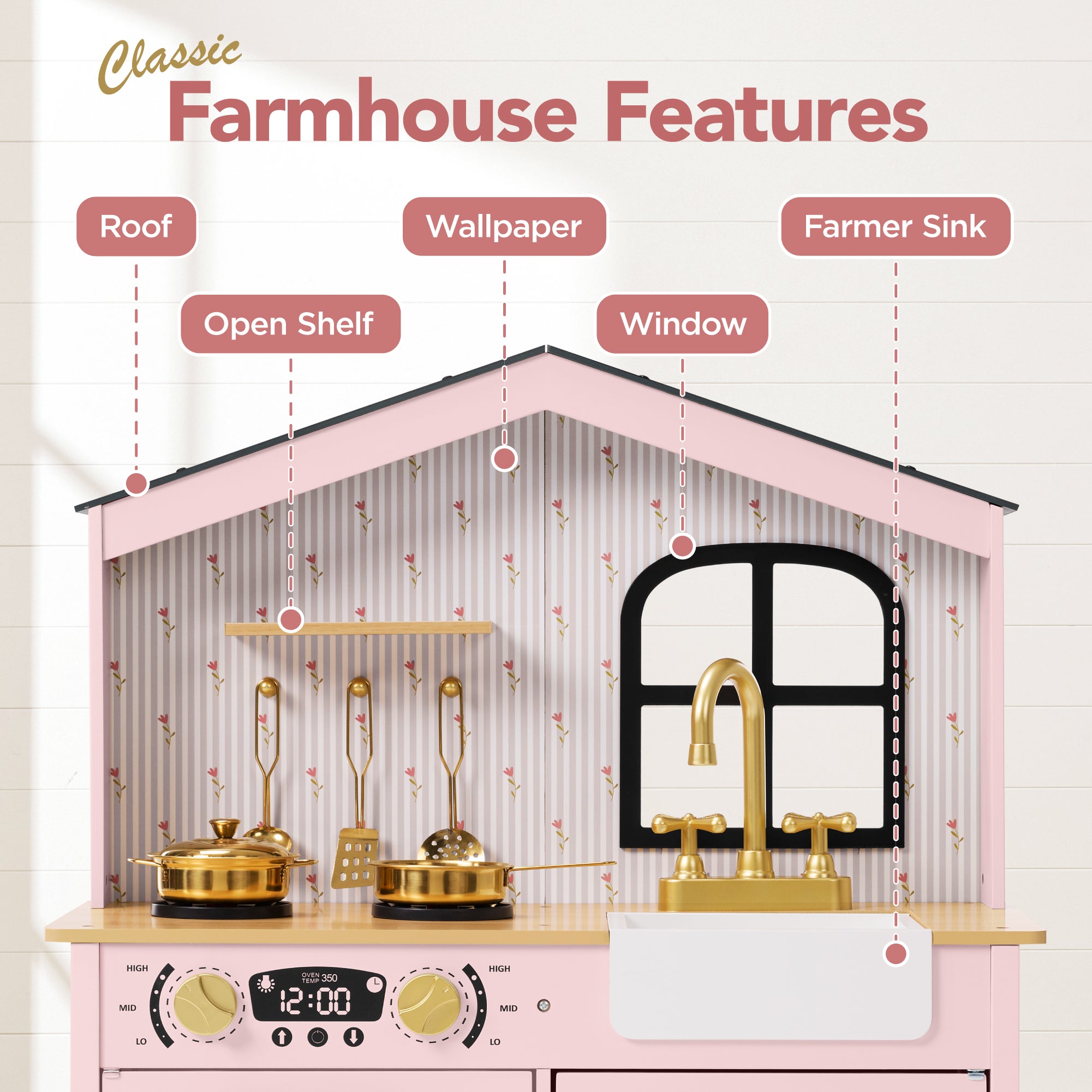 Farmhouse Wooden Play Kitchen for Kids with Storage & 6 Accessories, Ages 3+