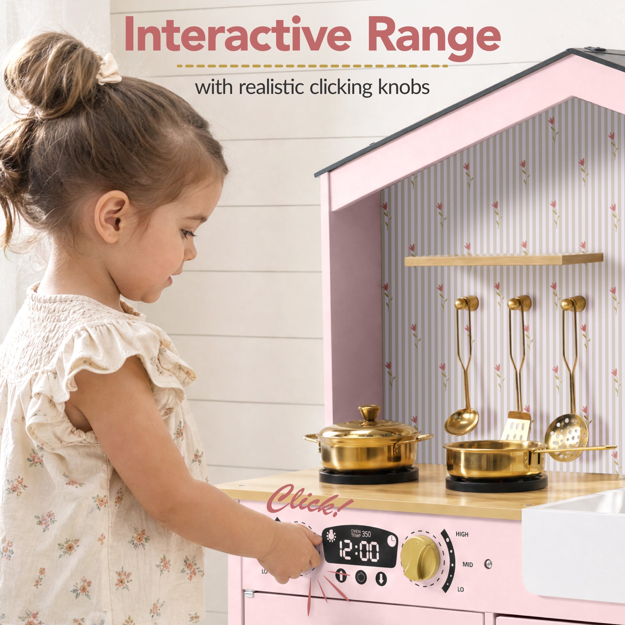 Farmhouse Wooden Play Kitchen for Kids with Storage & 6 Accessories, Ages 3+