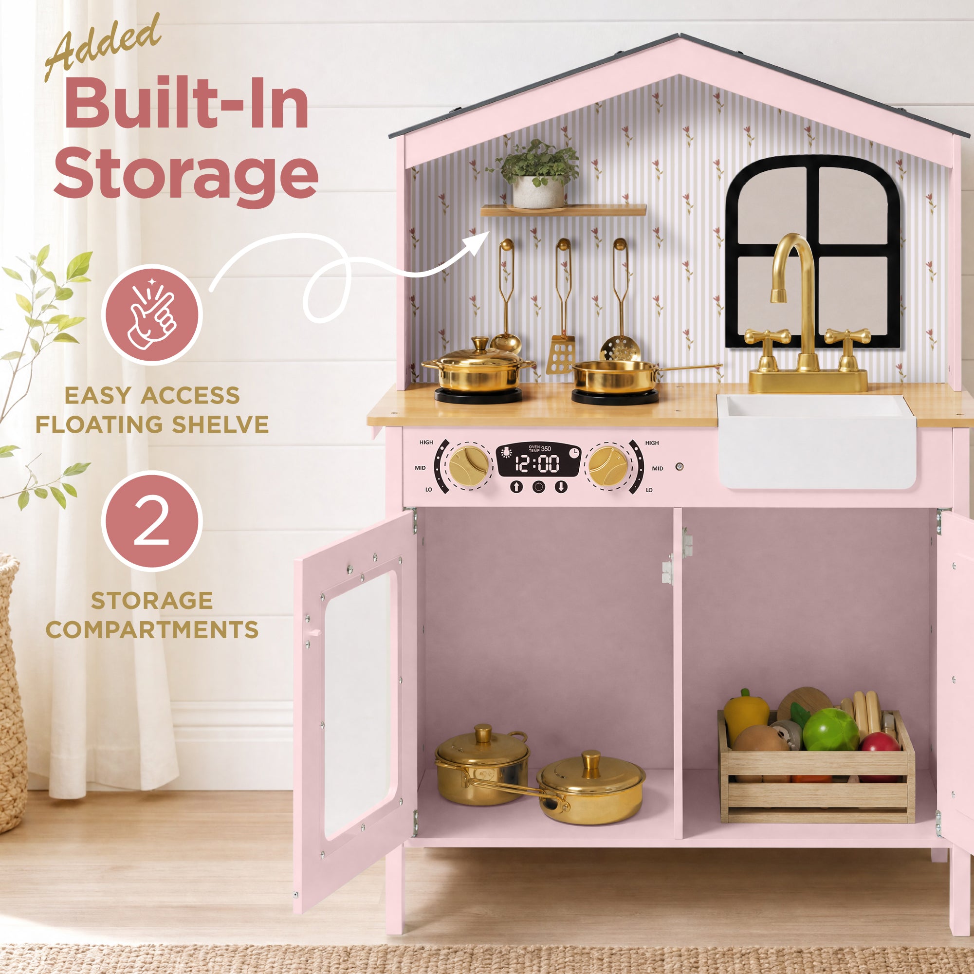 Farmhouse Wooden Play Kitchen for Kids with Storage & 6 Accessories, Ages 3+