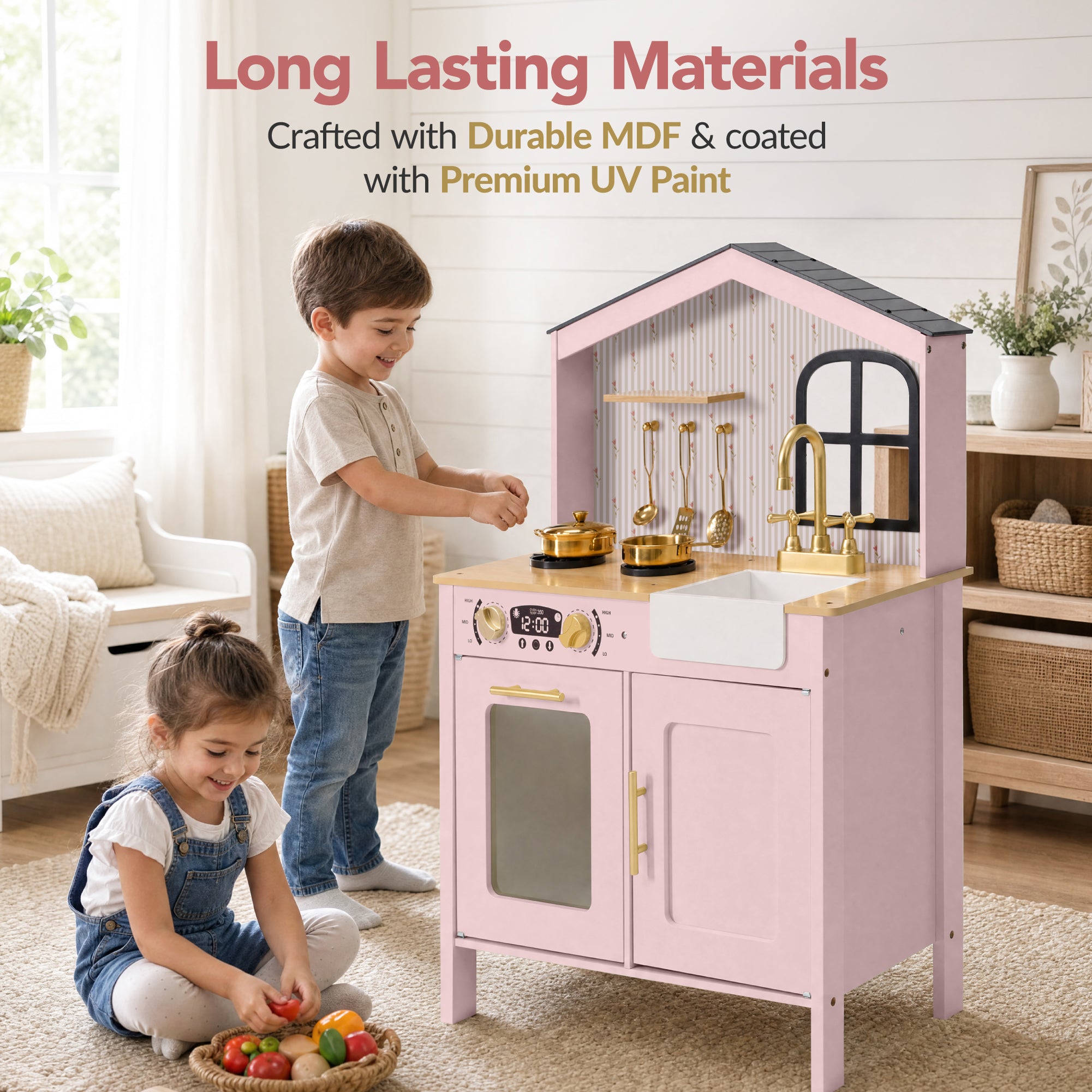Farmhouse Wooden Play Kitchen for Kids with Storage & 6 Accessories, Ages 3+