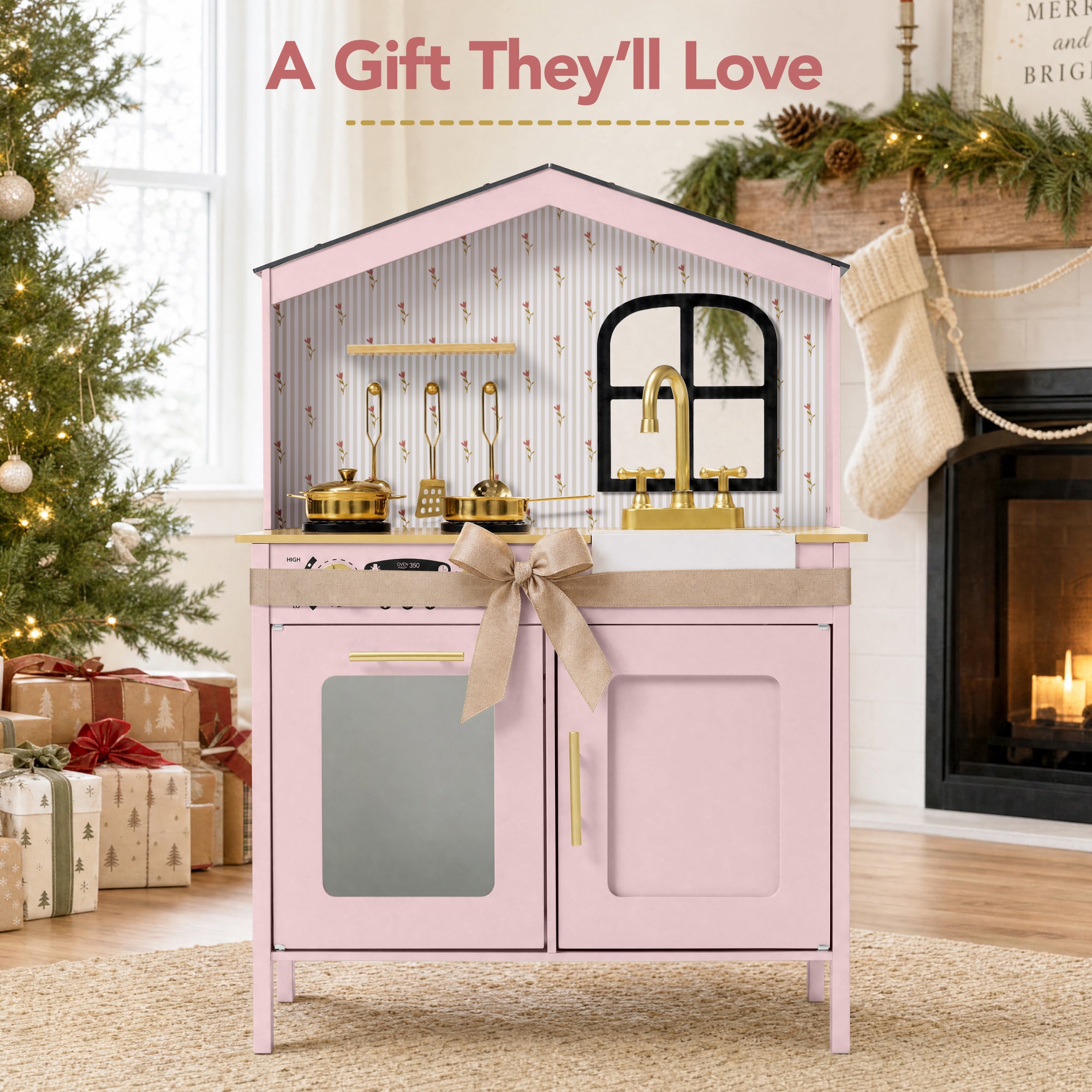 Farmhouse Wooden Play Kitchen for Kids with Storage & 6 Accessories, Ages 3+
