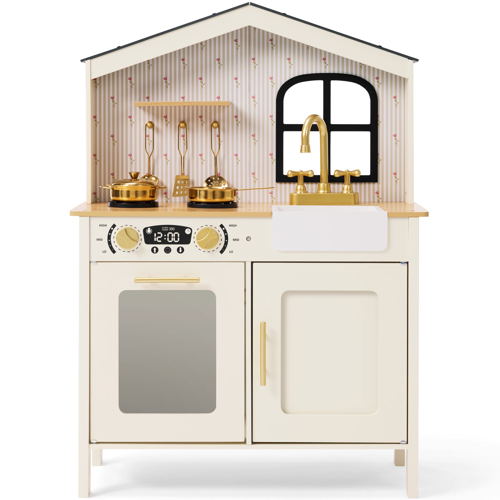 Farmhouse Wooden Play Kitchen for Kids with Storage & 6 Accessories, Ages 3+