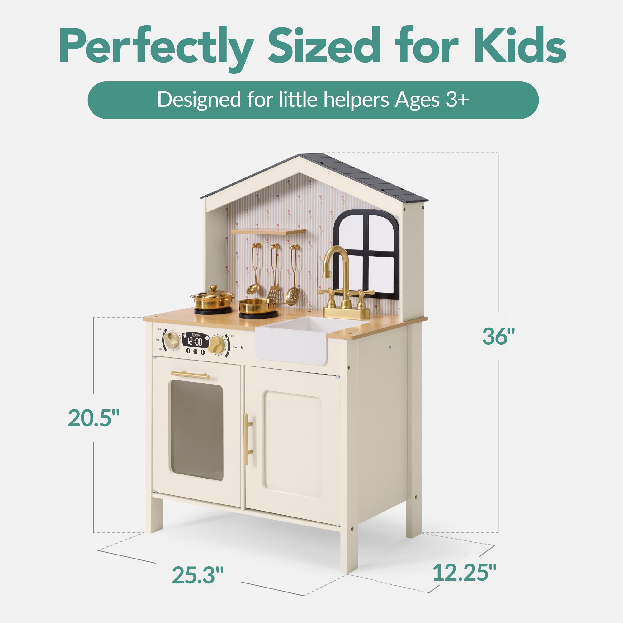 Farmhouse Wooden Play Kitchen for Kids with Storage & 6 Accessories, Ages 3+