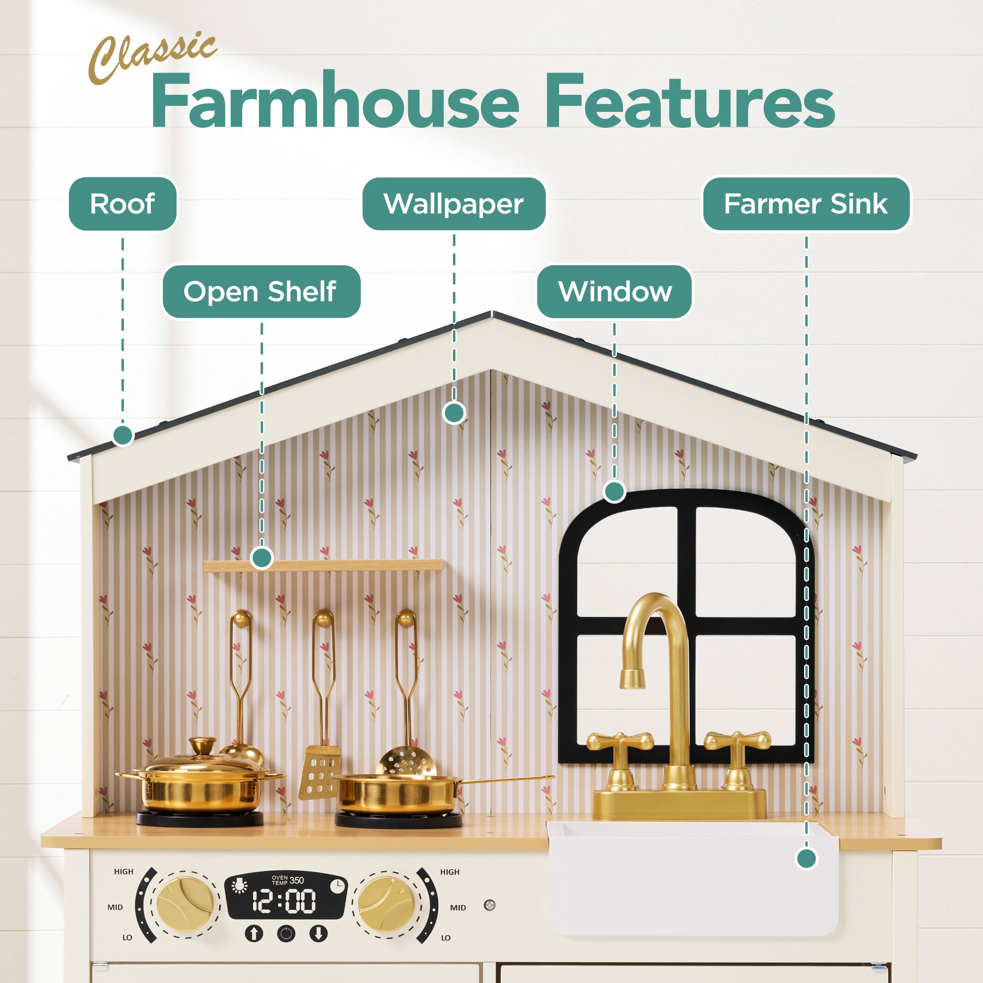 Farmhouse Wooden Play Kitchen for Kids with Storage & 6 Accessories, Ages 3+