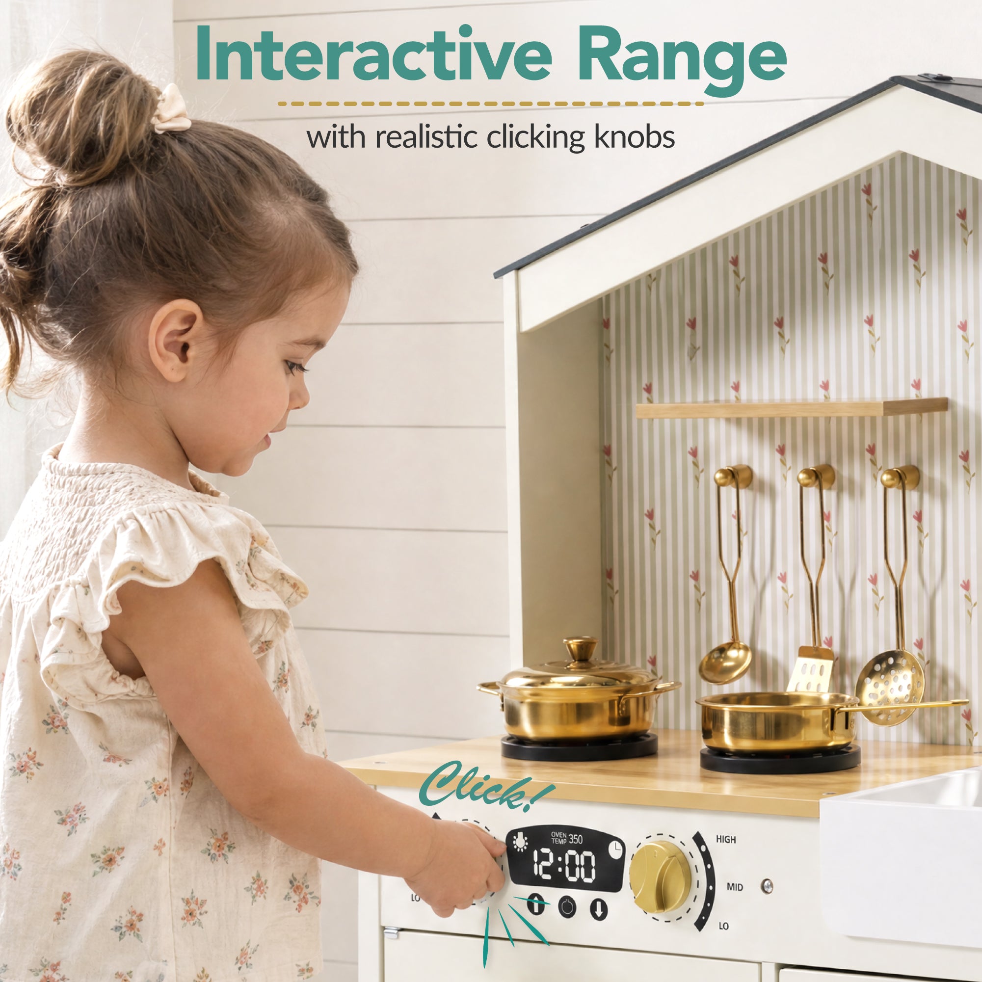 Farmhouse Wooden Play Kitchen for Kids with Storage & 6 Accessories, Ages 3+