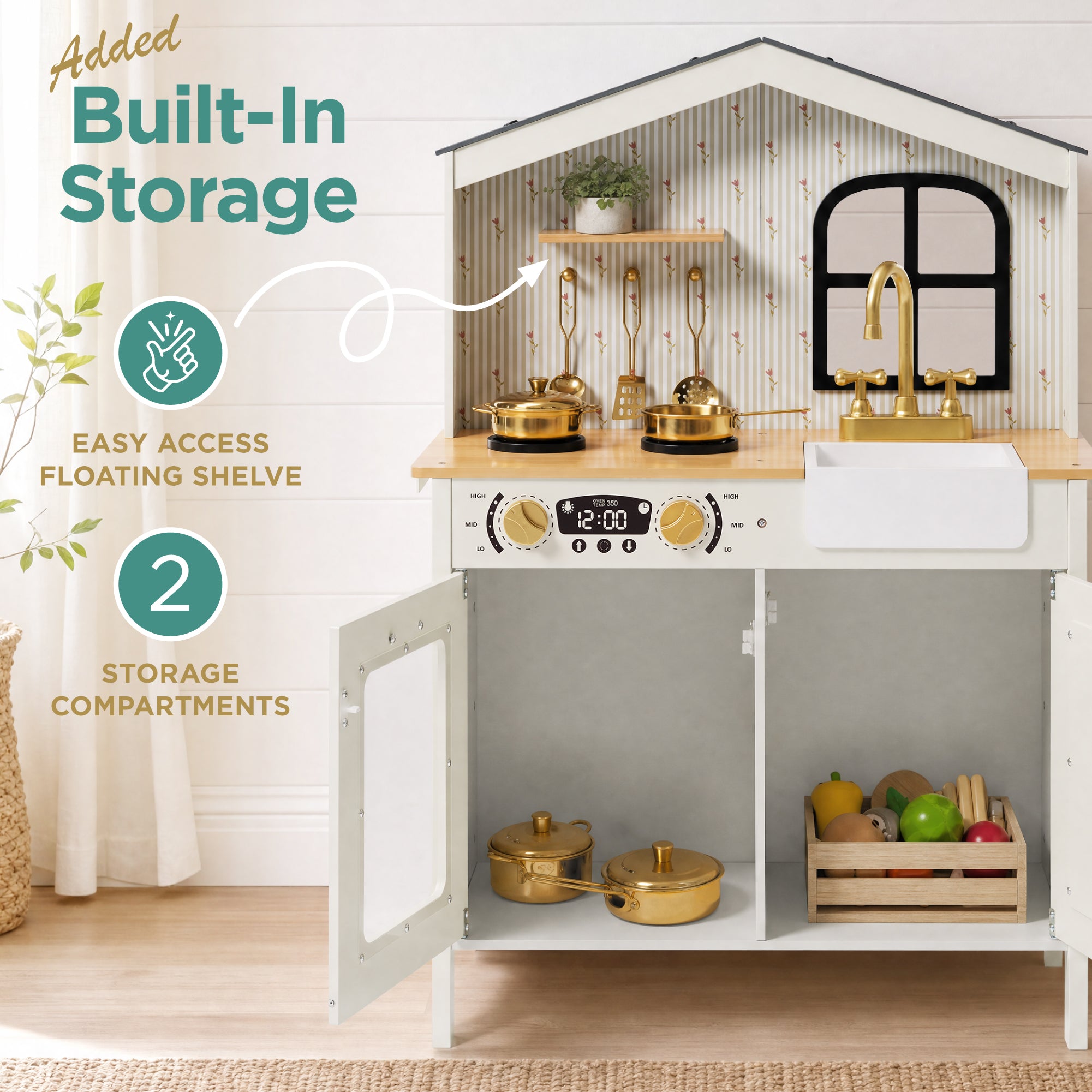 Farmhouse Wooden Play Kitchen for Kids with Storage & 6 Accessories, Ages 3+