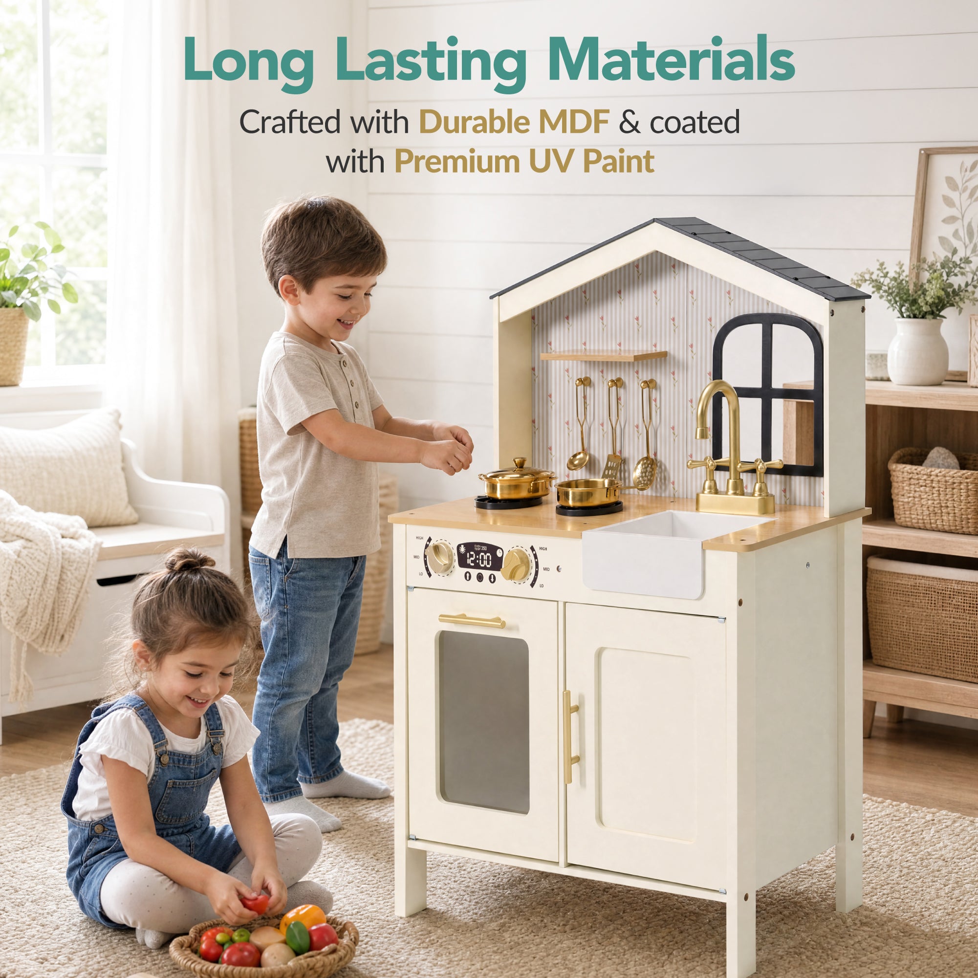 Farmhouse Wooden Play Kitchen for Kids with Storage & 6 Accessories, Ages 3+