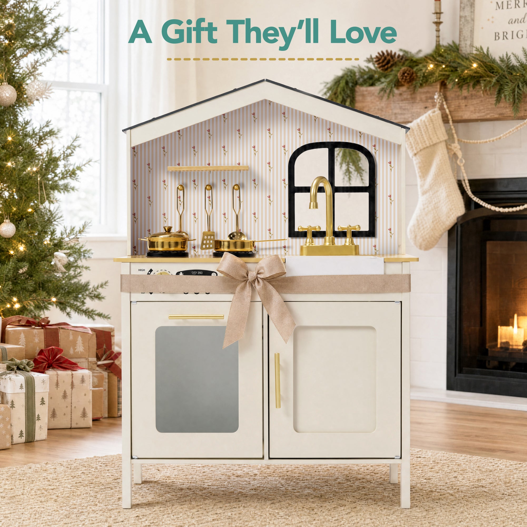 Farmhouse Wooden Play Kitchen for Kids with Storage & 6 Accessories, Ages 3+