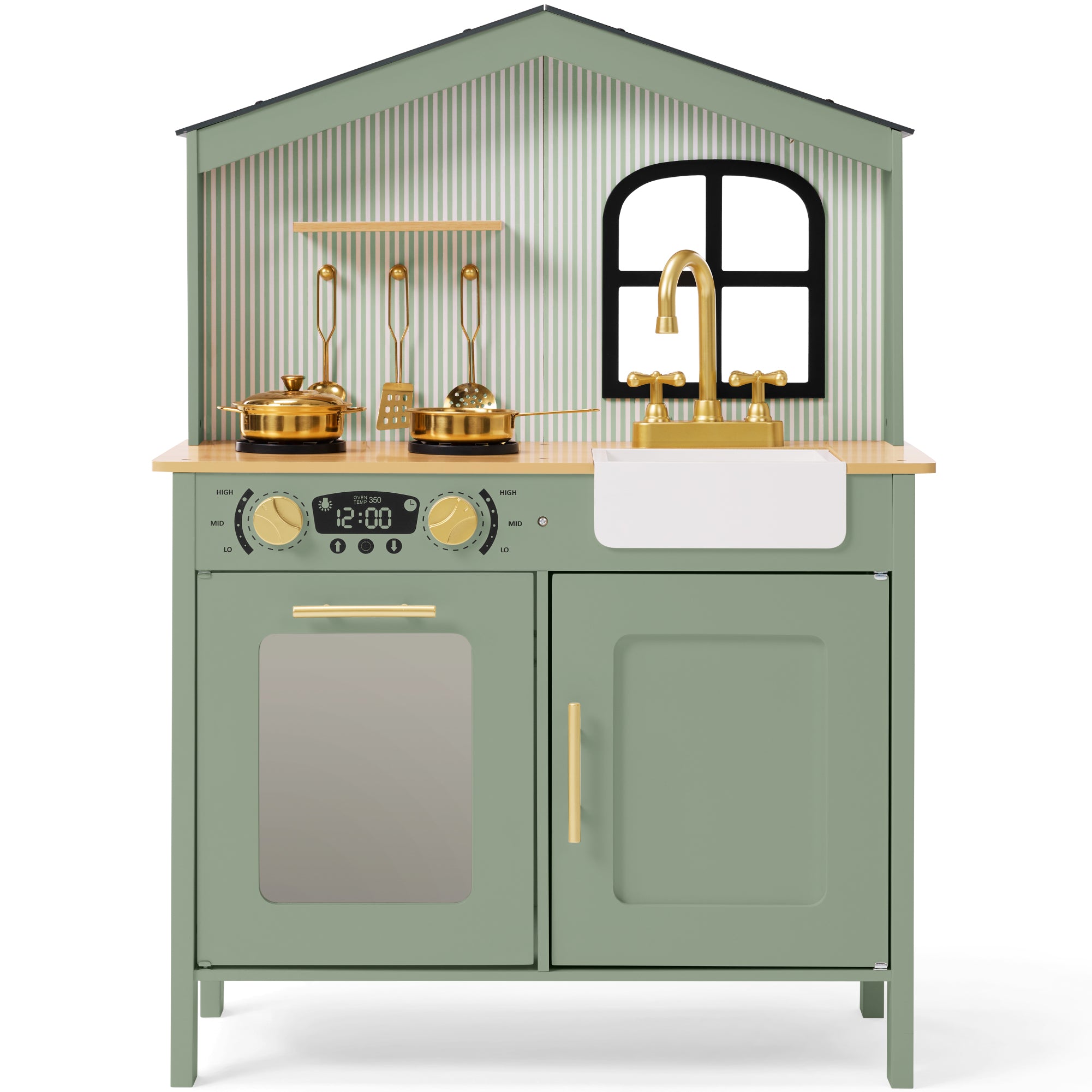 Farmhouse Wooden Play Kitchen for Kids with Storage & 6 Accessories, Ages 3+