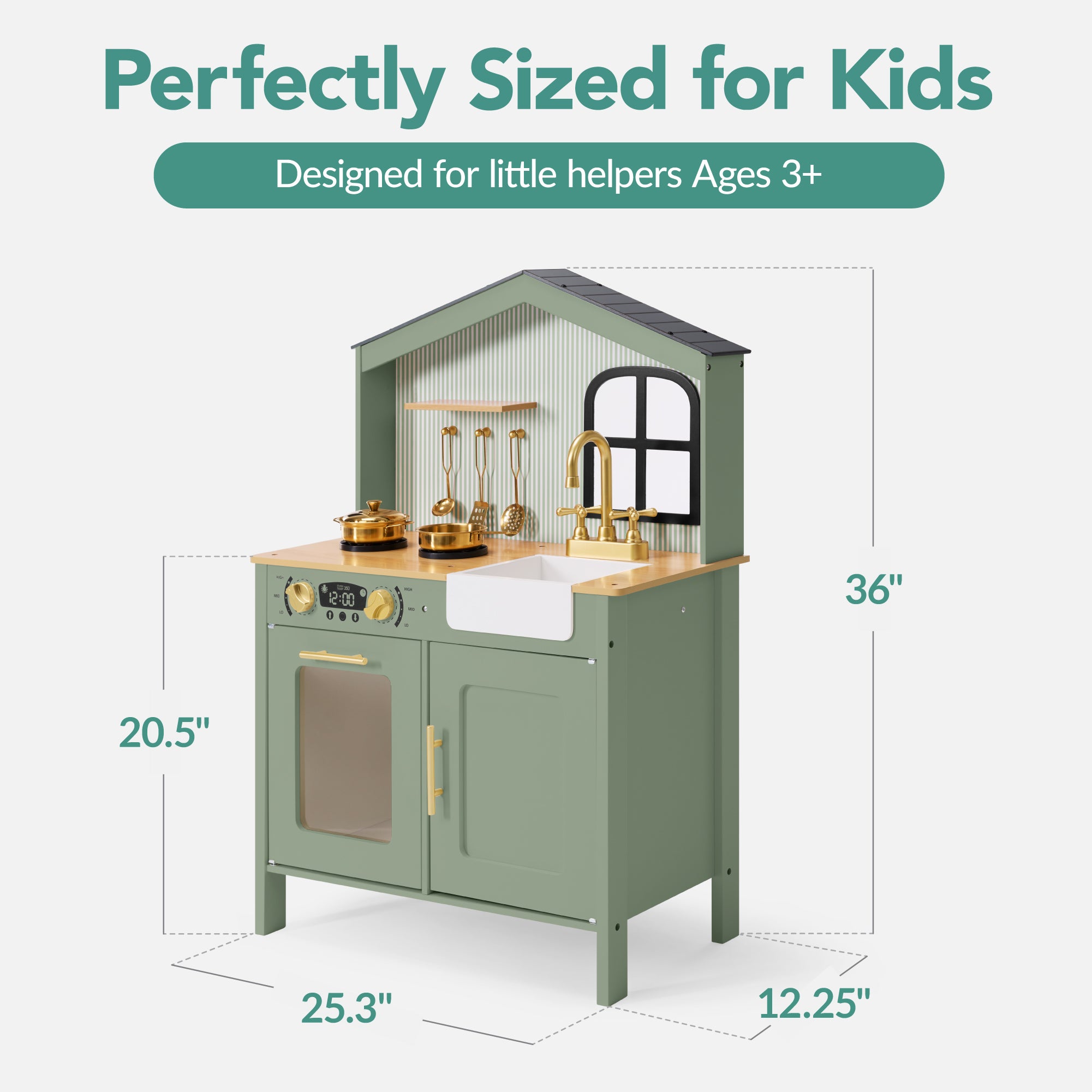 Farmhouse Wooden Play Kitchen for Kids with Storage & 6 Accessories, Ages 3+