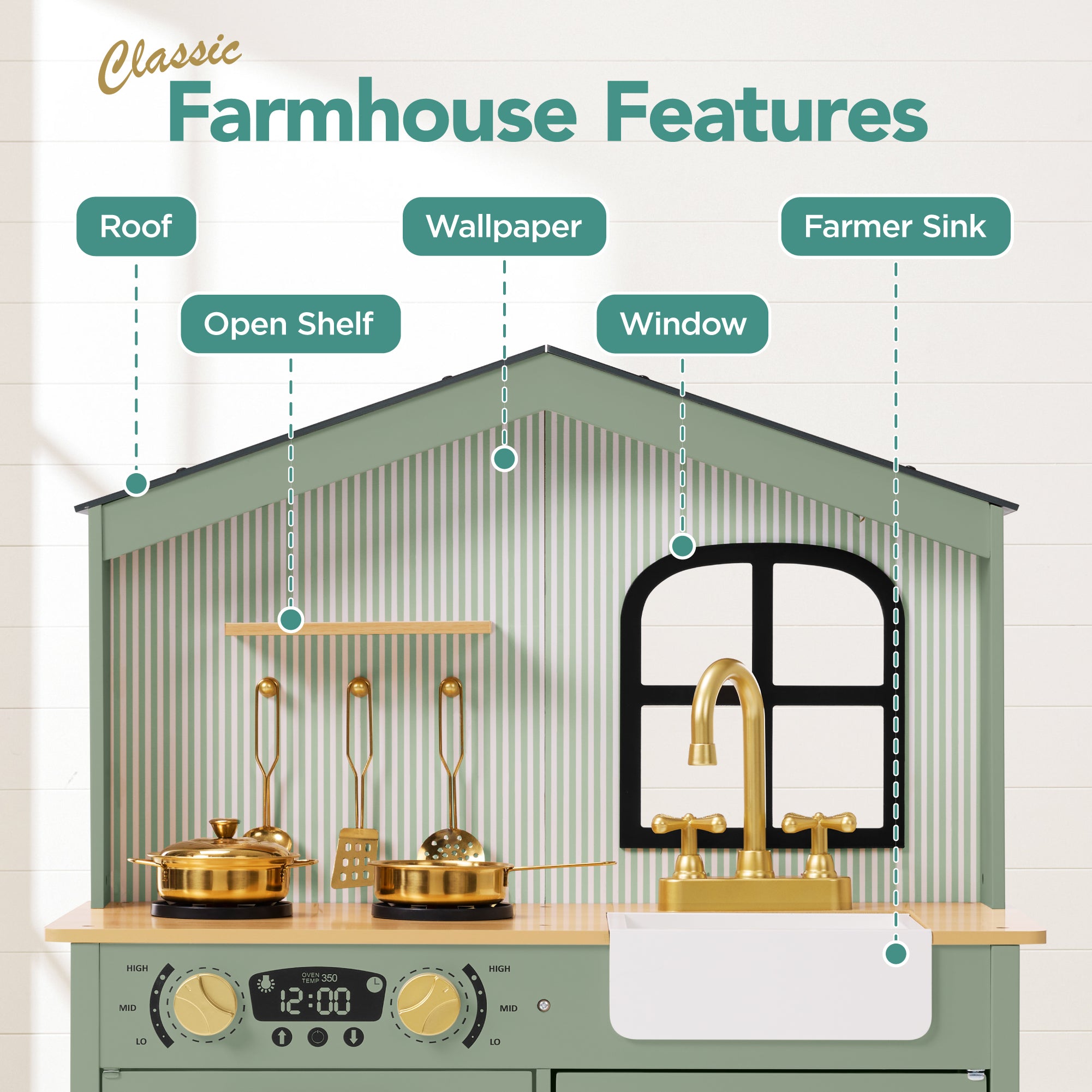 Farmhouse Wooden Play Kitchen for Kids with Storage & 6 Accessories, Ages 3+