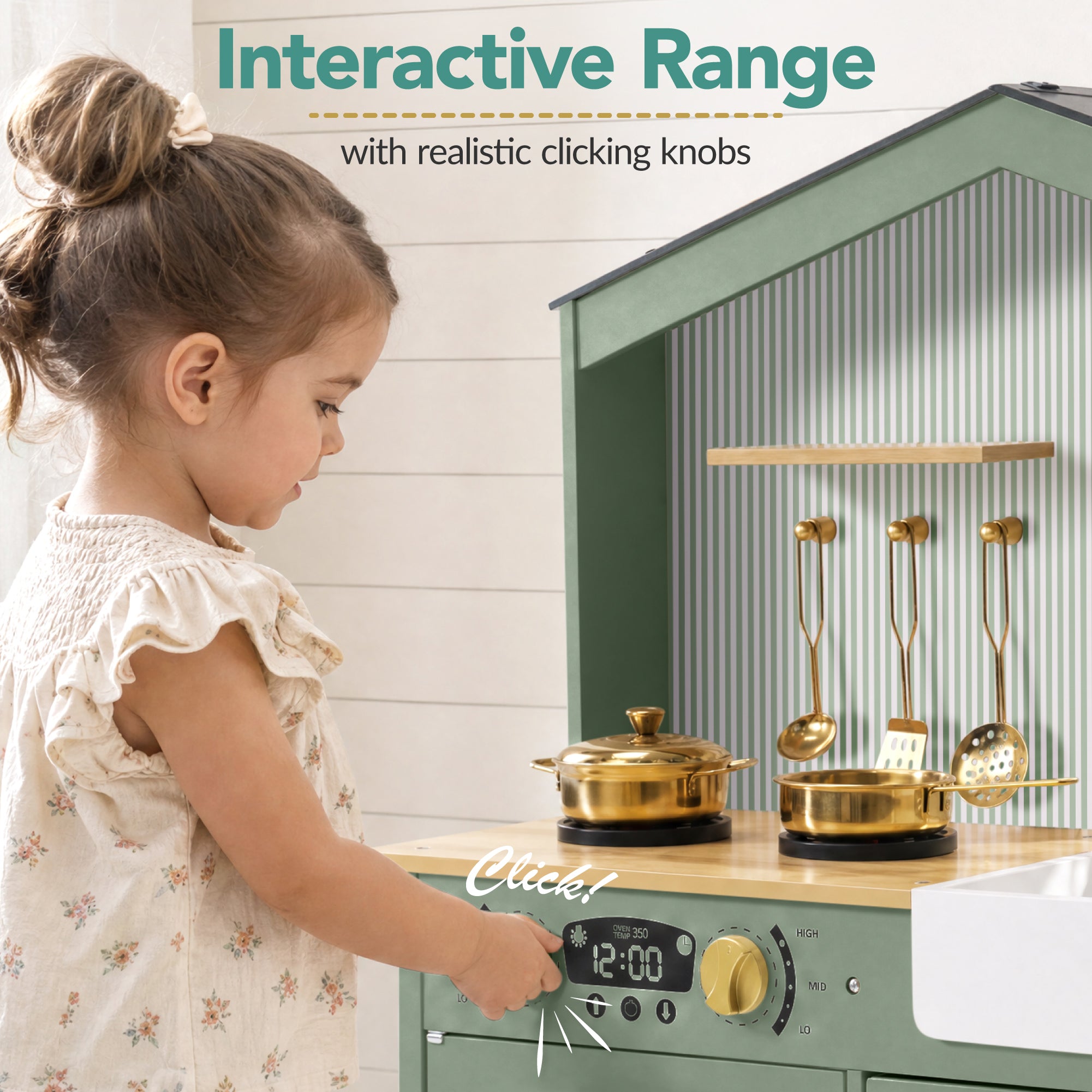 Farmhouse Wooden Play Kitchen for Kids with Storage & 6 Accessories, Ages 3+
