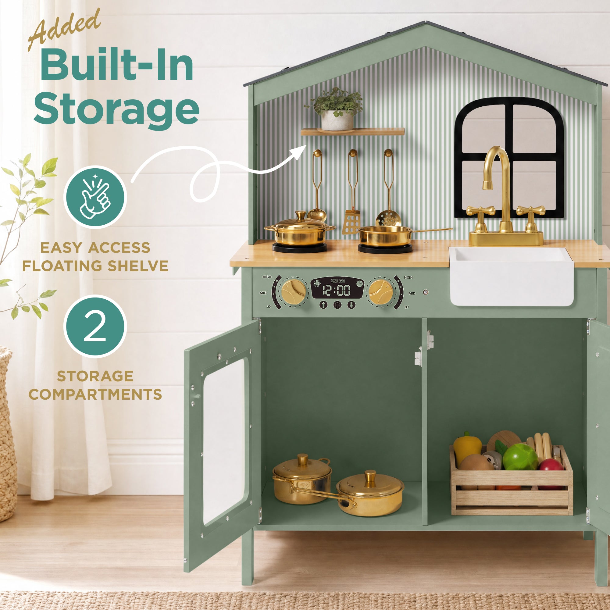 Farmhouse Wooden Play Kitchen for Kids with Storage & 6 Accessories, Ages 3+
