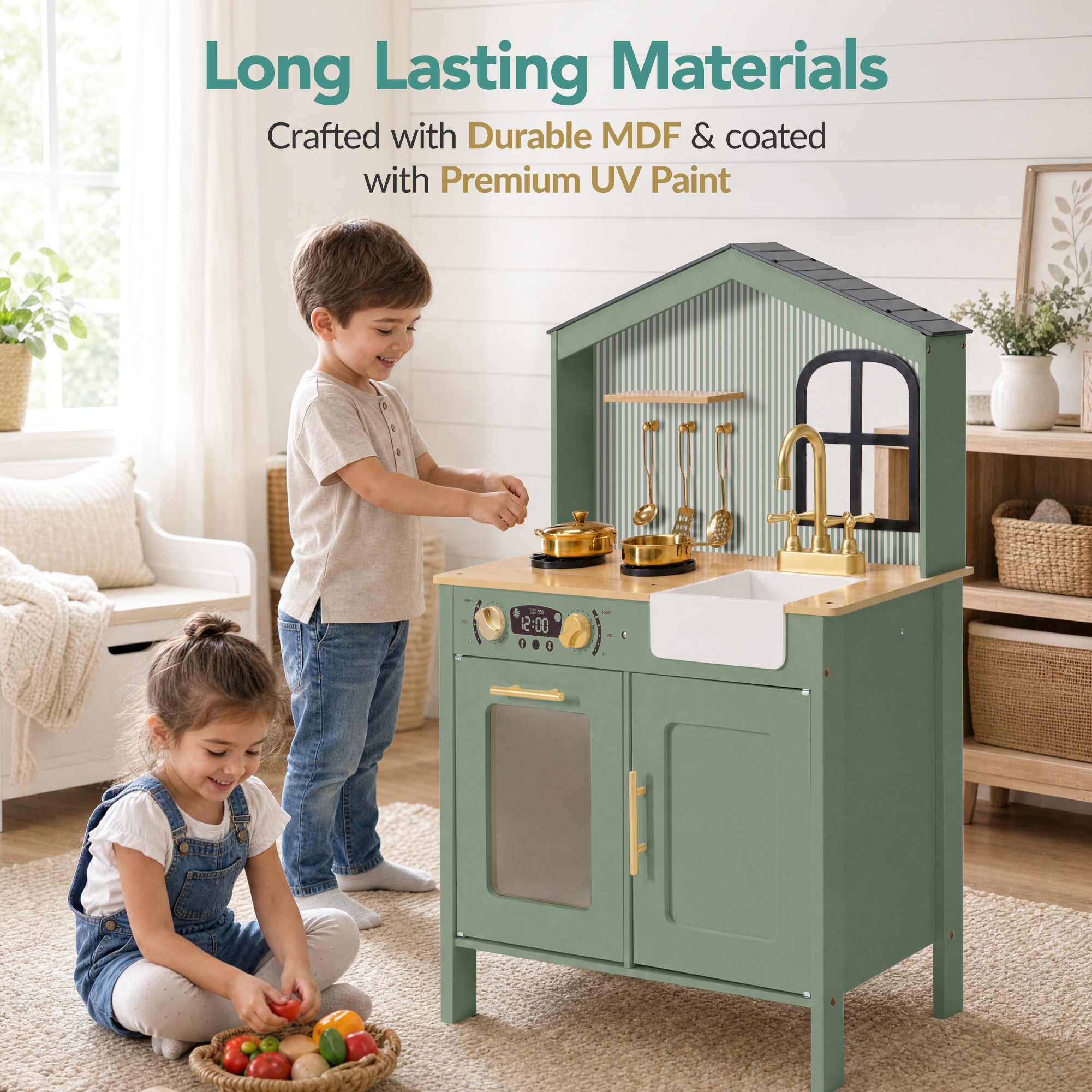 Farmhouse Wooden Play Kitchen for Kids with Storage & 6 Accessories, Ages 3+