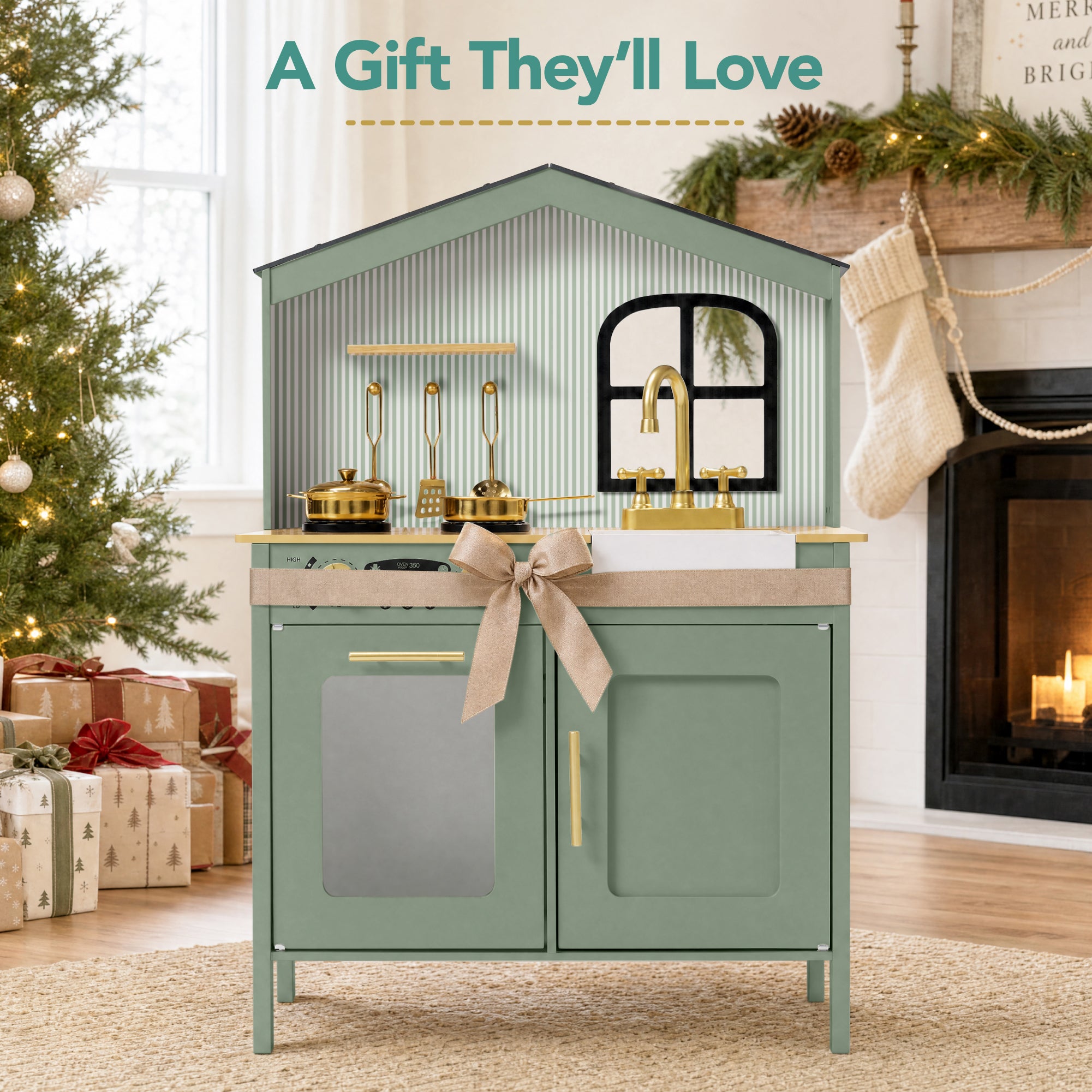 Farmhouse Wooden Play Kitchen for Kids with Storage & 6 Accessories, Ages 3+