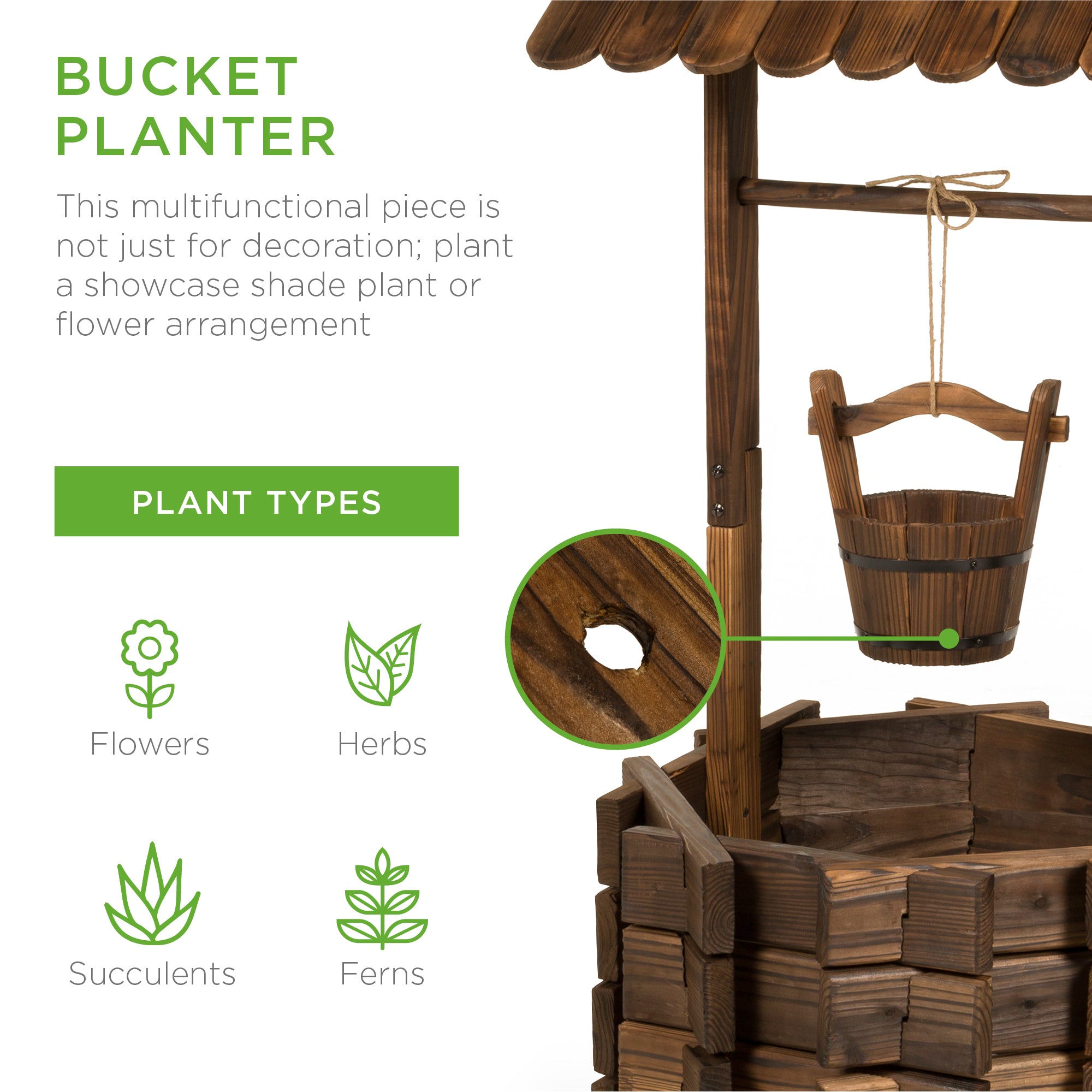 21.5" Rustic Wooden Wishing Well Planter Yard Decoration w/ Hanging Bucket