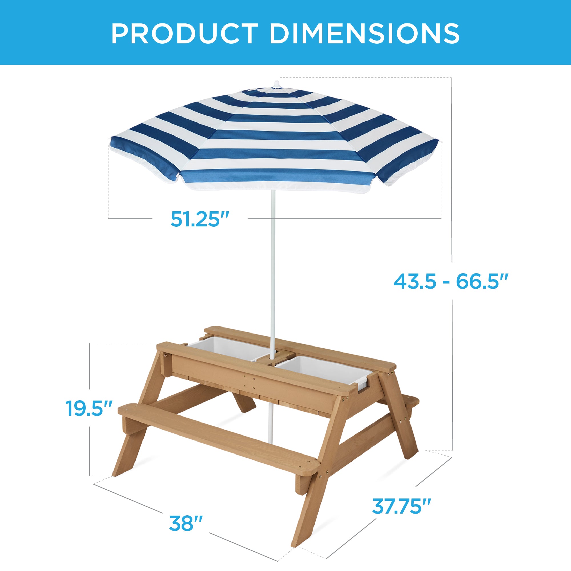 3-in-1 Kids Sand & Water Table Outdoor Wood Picnic Table w/ Umbrella