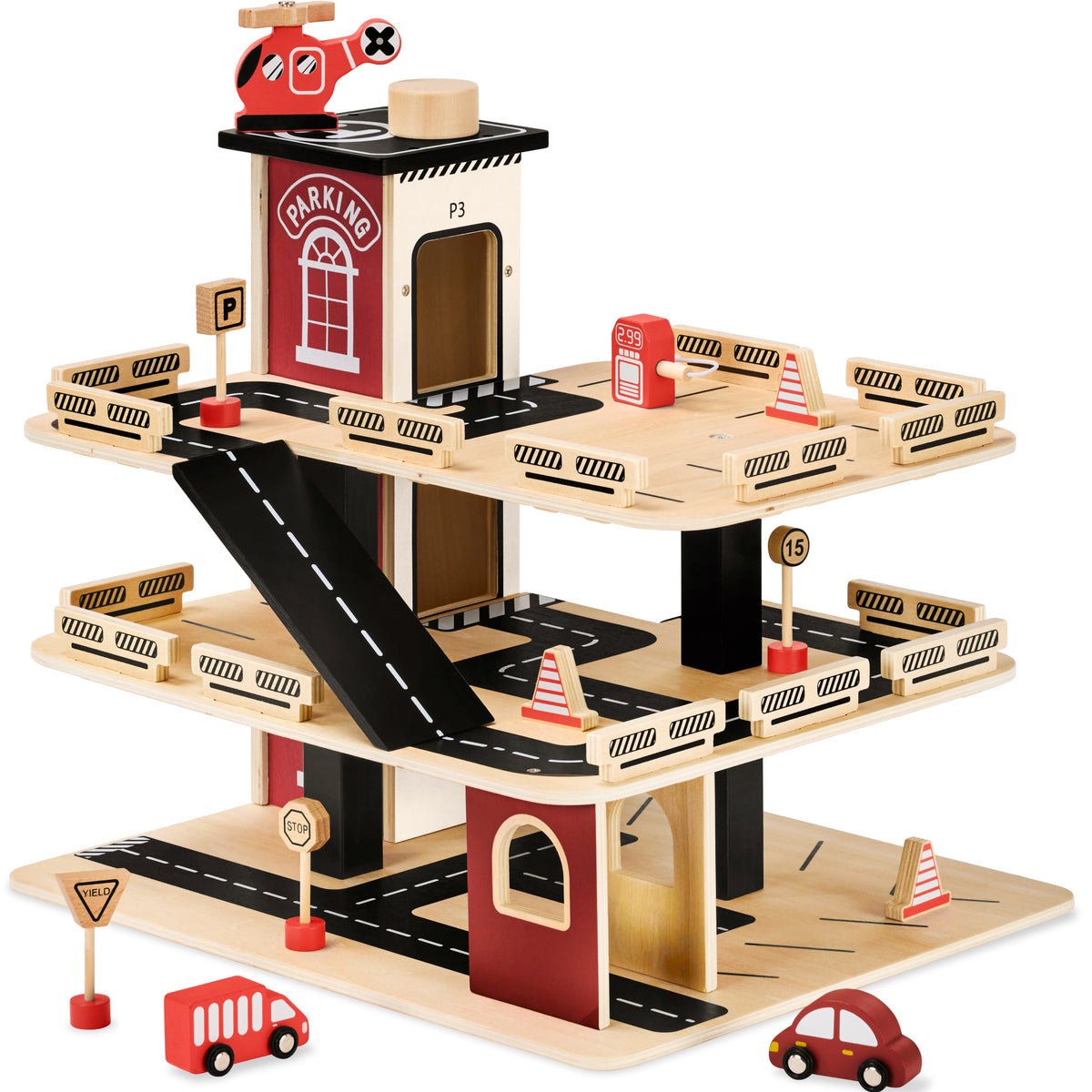 3-Story Wooden Parking Garage Playset w/ Car Elevator, Helipad & 11 Pieces